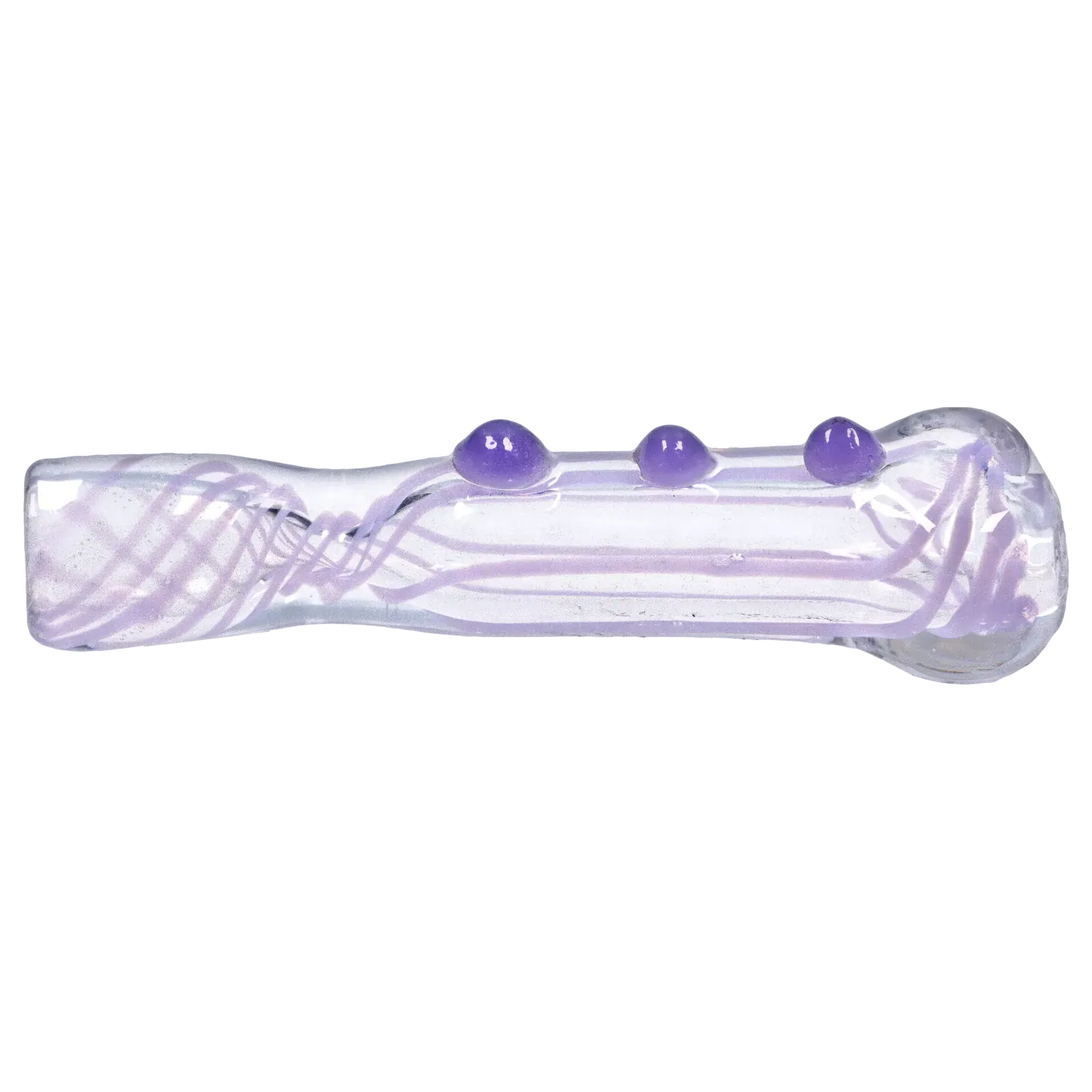 Side view of the clear glass DHC Slime Line One Hitter - 3 in. with pale purple swirls and three raised purple dots along its top.