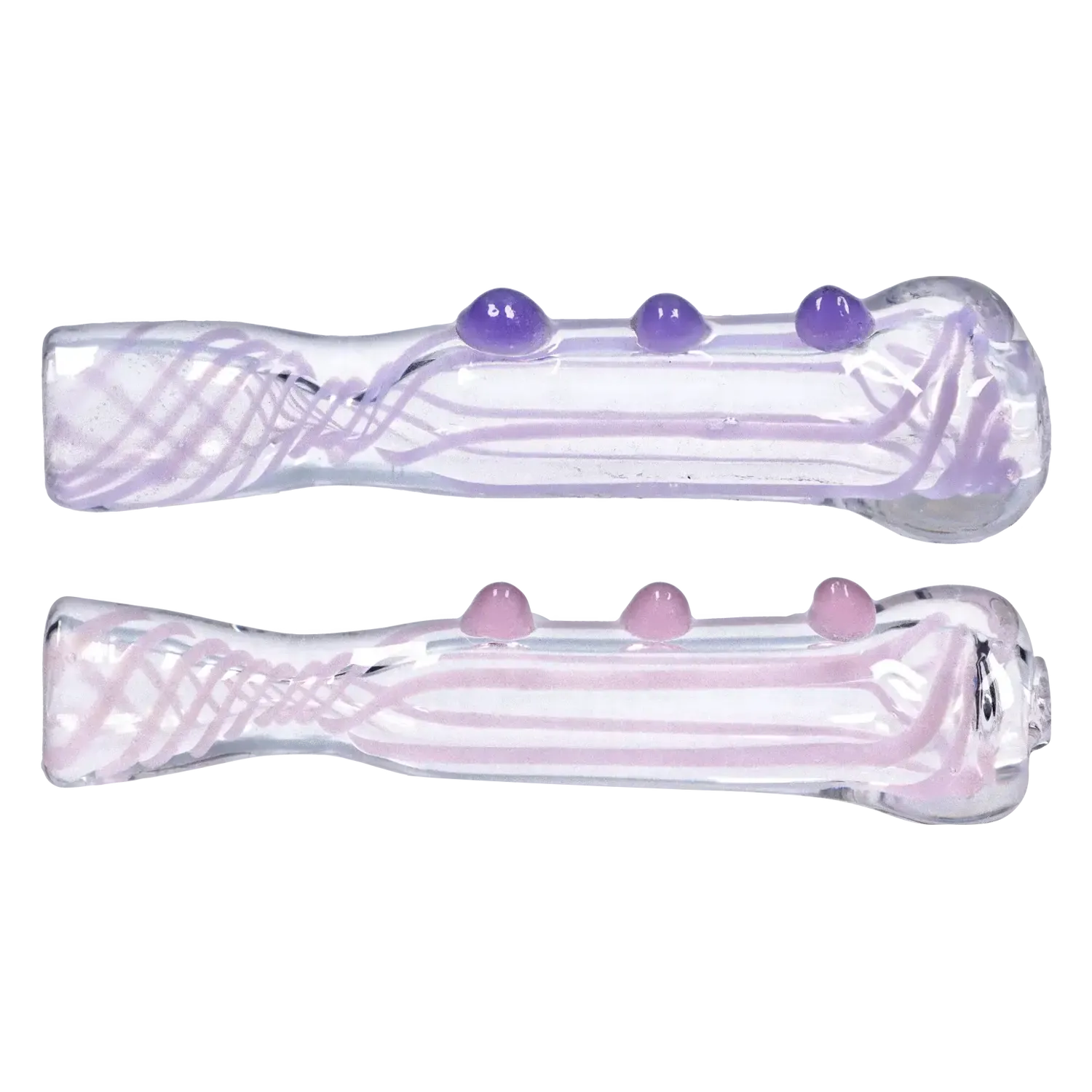 Top-down view of two clear glass DHC Slime Line One Hitter - 3 in. tubes with pale purple swirled lines and matching purple glass nodules.