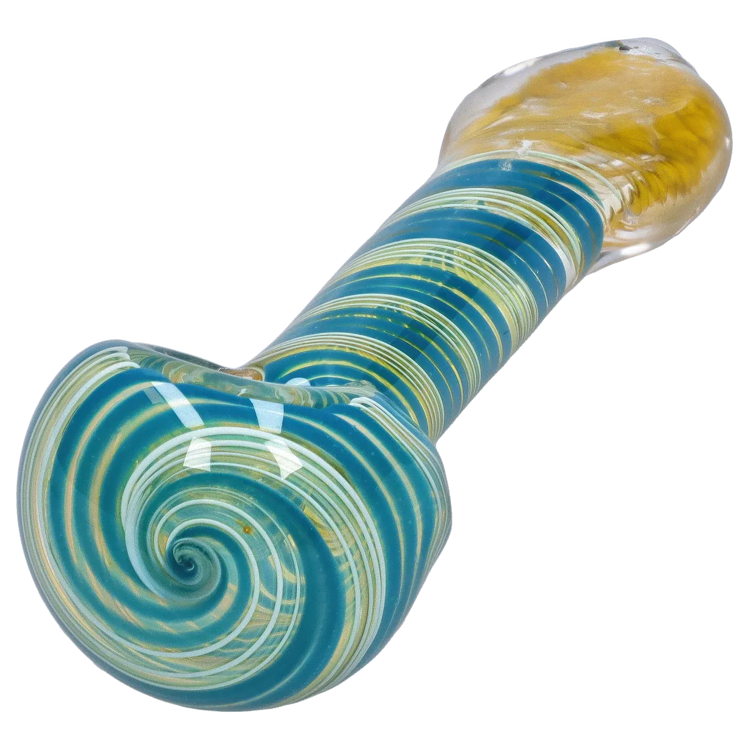 Close-up angled view of the DHC Color Twisting Spoon Pipe - 3 in. showing turquoise and white spiral bands along the bowl and neck.