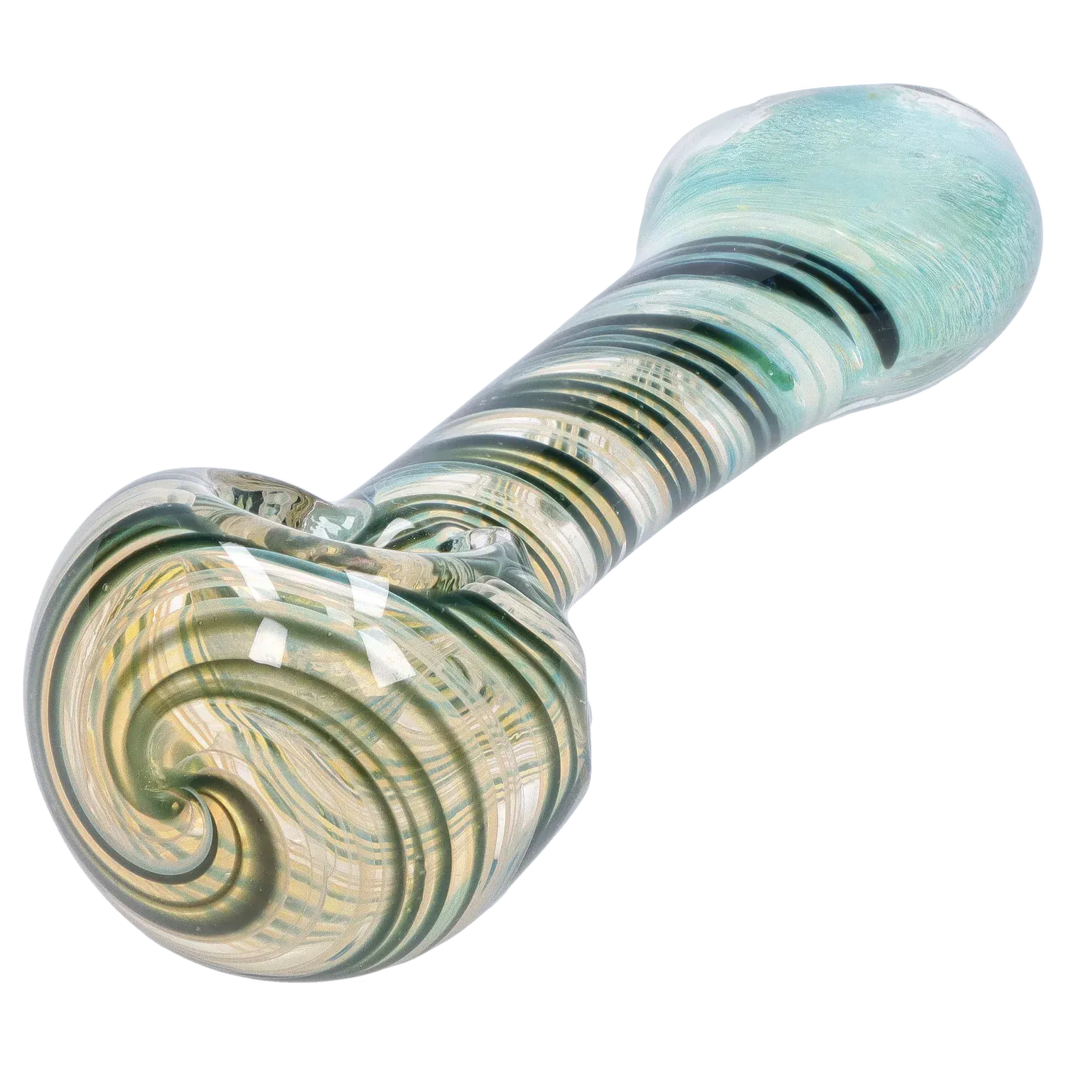 Angled close-up of a swirled glass bowl and ribbed neck on the DHC Color Twisting Spoon Pipe - 3 in.