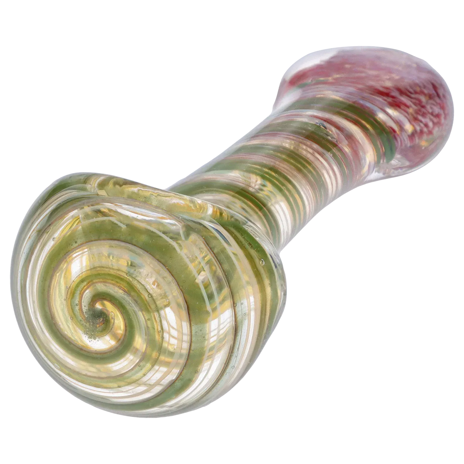 Close-up angled view of the DHC Color Twisting Spoon Pipe - 3 in. showing its spiraled green and gold glass bowl and swirled stem.