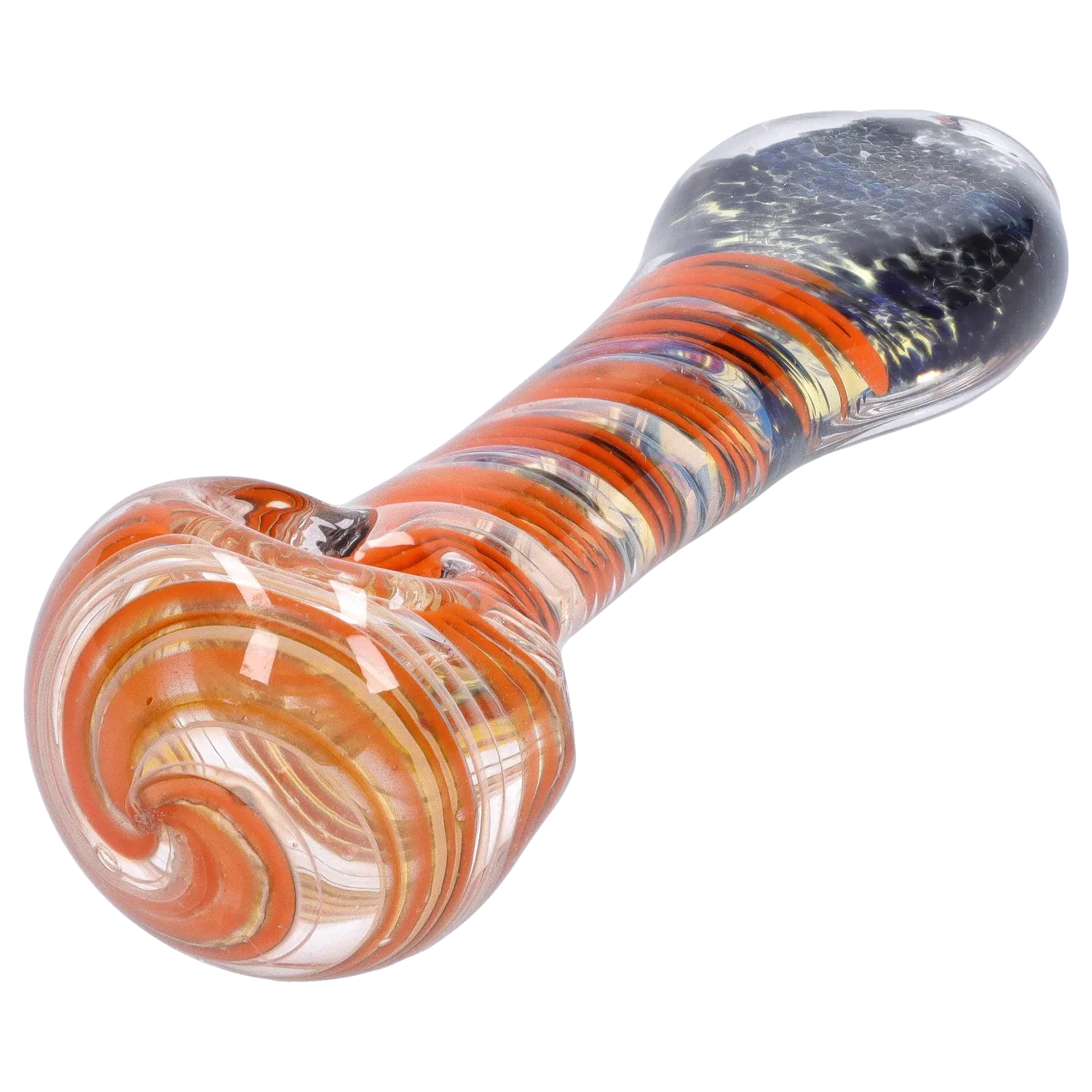Angled close-up of the DHC Color Twisting Spoon Pipe - 3 in. showing orange spiral bands inside clear glass and a rounded bowl.