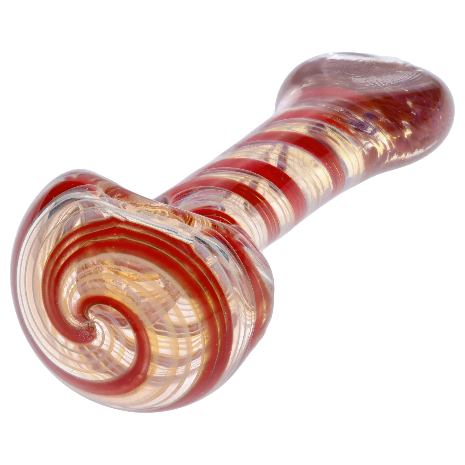 Close-up perspective of the DHC Color Twisting Spoon Pipe - 3 in. showing its red spiral glass pattern and glossy rounded mouthpiece on a white background
