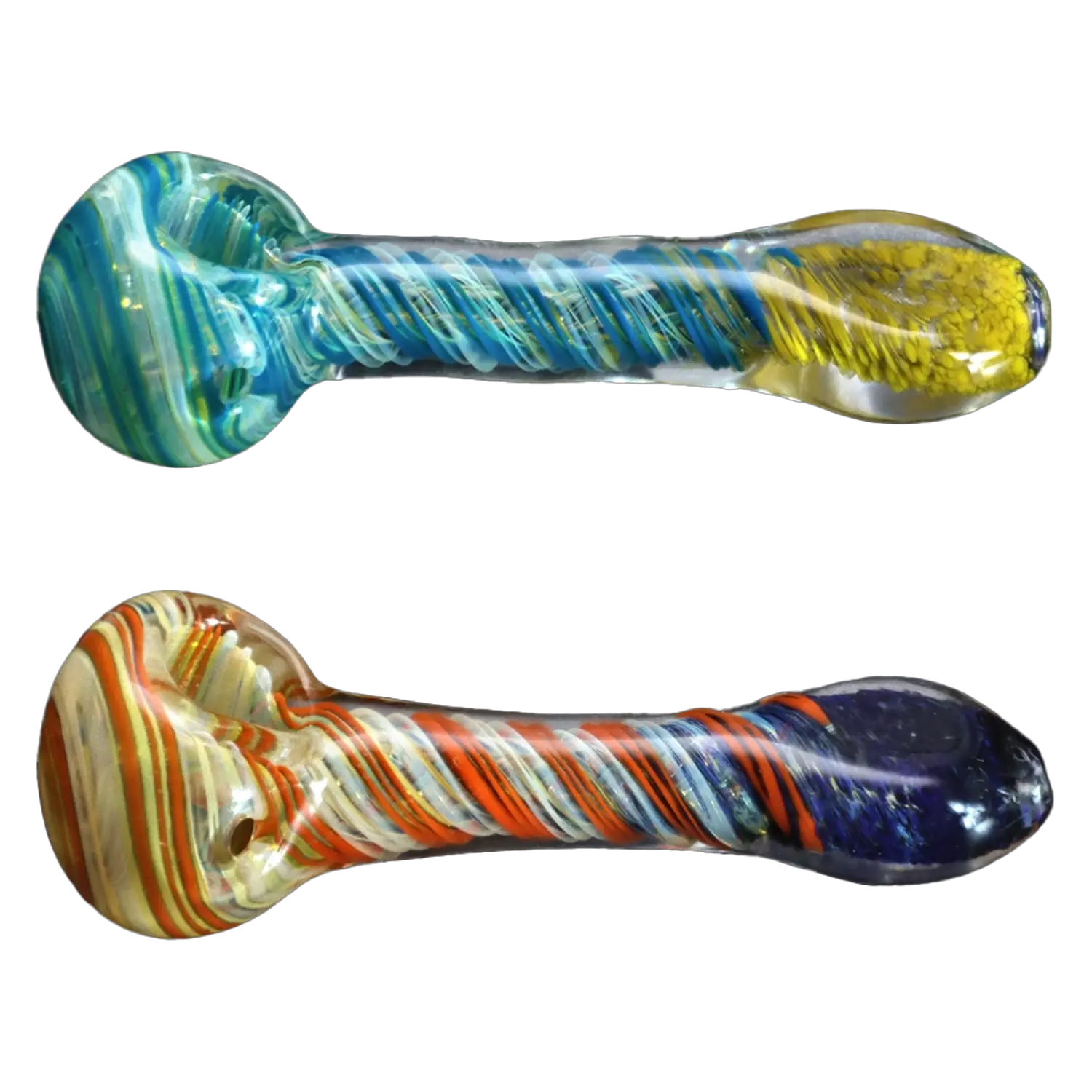 Top-down view of two colorful glass DHC Color Twisting Spoon Pipe - 3 in. handpipes, one blue-green with yellow tip and one red-white-blue with a dark rounded end.