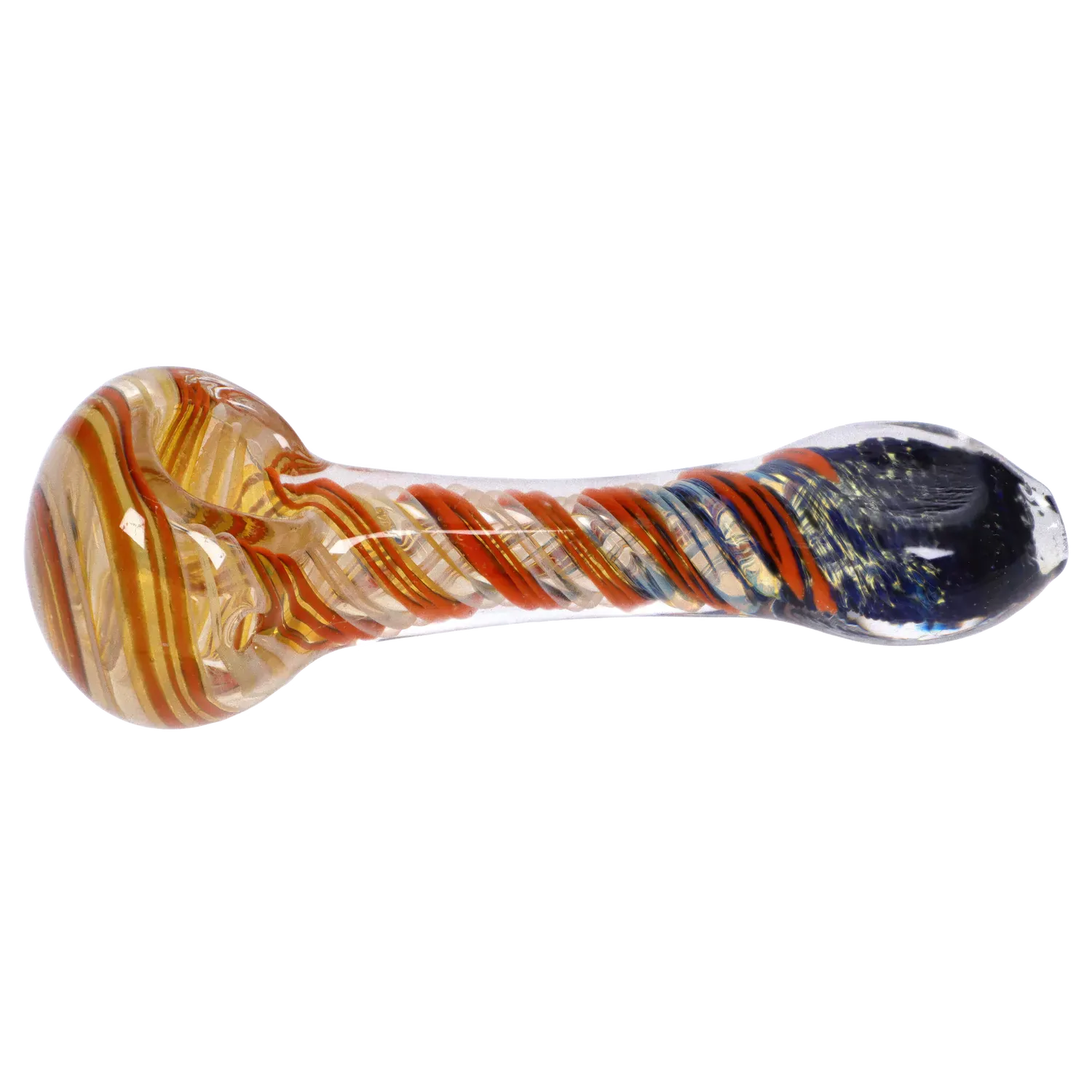 Side view of the DHC Color Twisting Spoon Pipe - 3 in., a clear glass spoon pipe with orange and red twisted ribbons and a dark rounded mouthpiece.