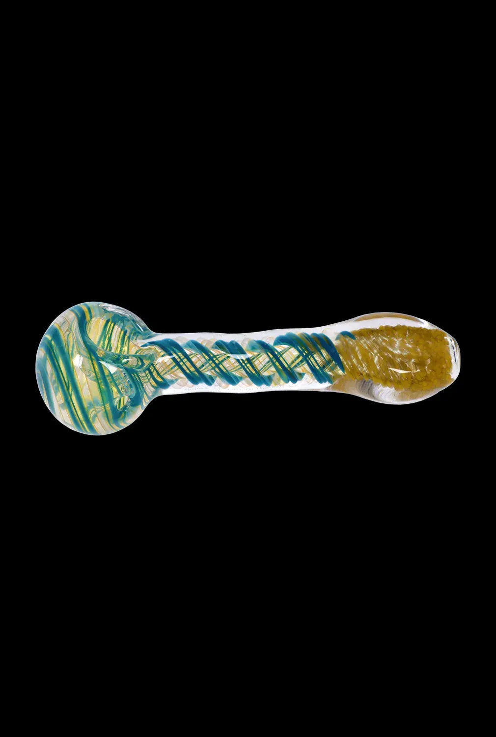 Side view of the DHC Color Twisting Spoon Pipe - 3 in., a clear glass spoon pipe with twisted blue and yellow internal ribbons against a black background