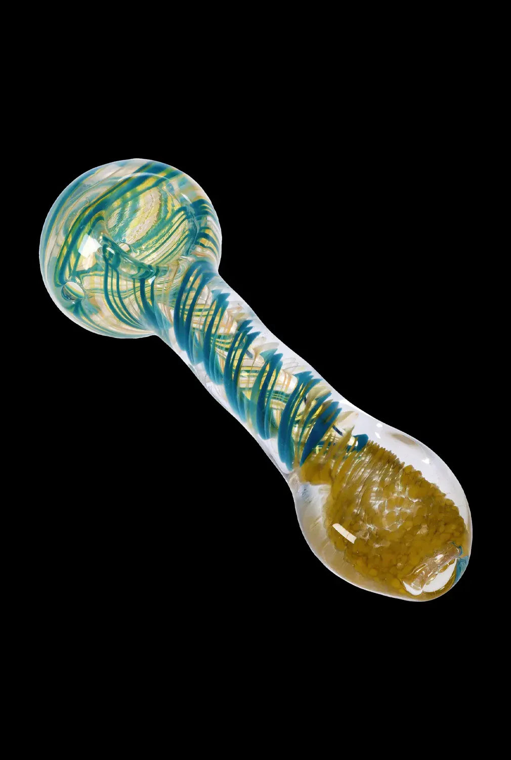 Angled close-up of a glass spoon with teal and gold swirls, the DHC Color Twisting Spoon Pipe - 3 in., against black background