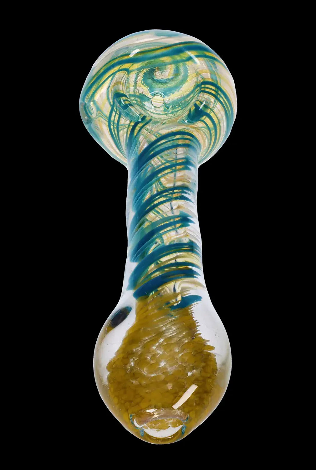 Close-up top-down view of the DHC Color Twisting Spoon Pipe - 3 in., showing its clear glass stem with teal spiral ribbons and a gold-speckled bowl against a black background