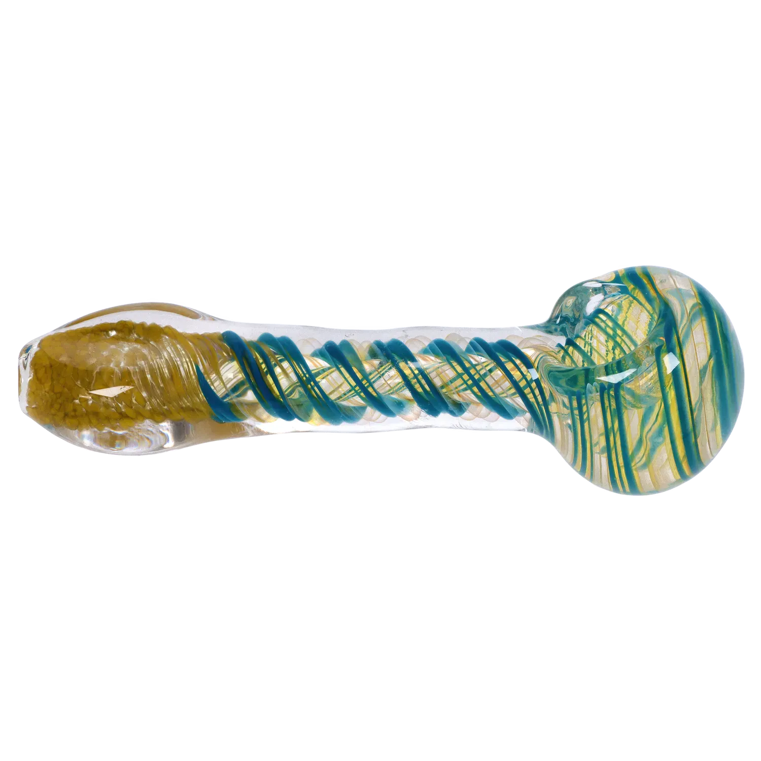 Side view of the DHC Color Twisting Spoon Pipe - 3 in. showing a clear glass spoon pipe with teal and yellow spiral ribbons running along its length.