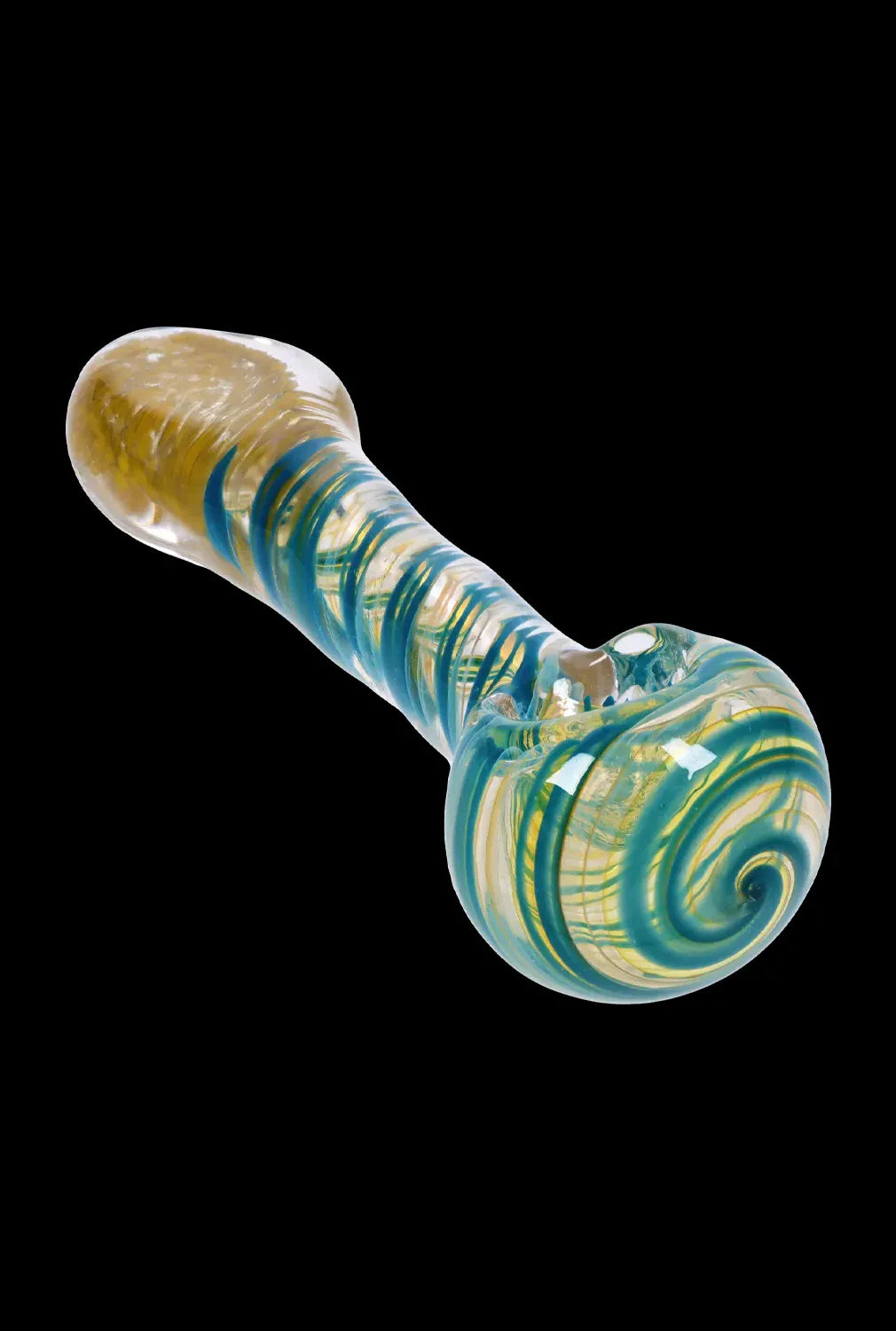 Angled close-up of the DHC Color Twisting Spoon Pipe - 3 in., showing a glass spoon pipe with teal and gold spiral bands against a black background