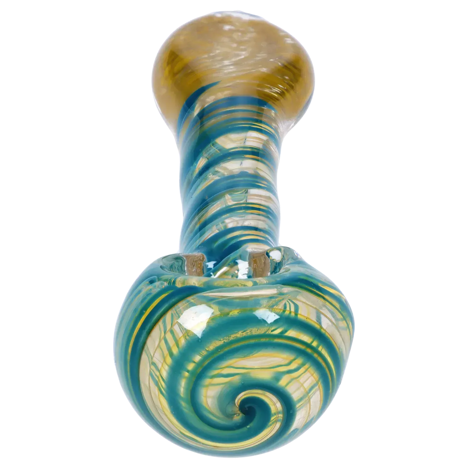 Top-down close-up of the DHC Color Twisting Spoon Pipe - 3 in. showing teal spiral bands wrapping around a rounded glass bowl against a white background