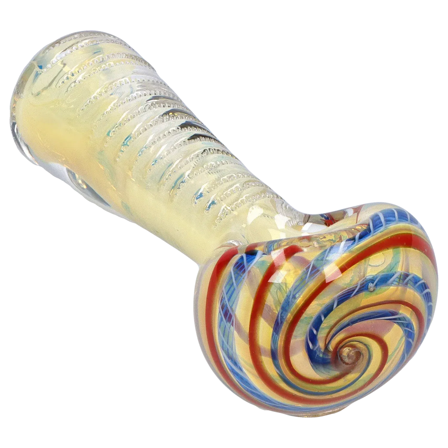 Angled close-up of the DHC Engraved Fumed Spoon Pipe - 3 in., showing its spiraled, multicolored bowl and textured translucent stem.