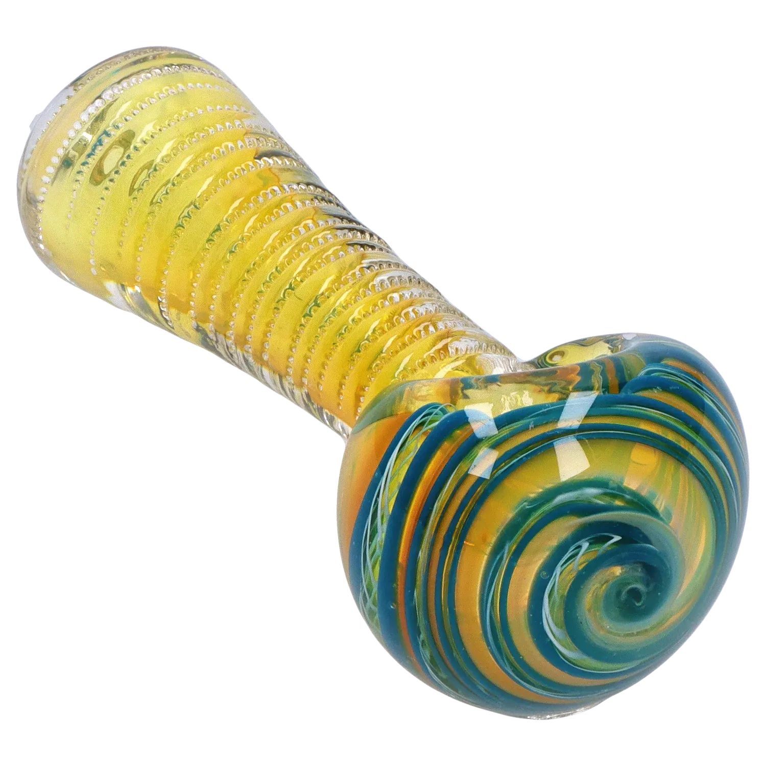Angled close-up of the DHC Engraved Fumed Spoon Pipe - 3 in., showing its yellow fumed body with spiral blue-green marbling at the rounded bowl.