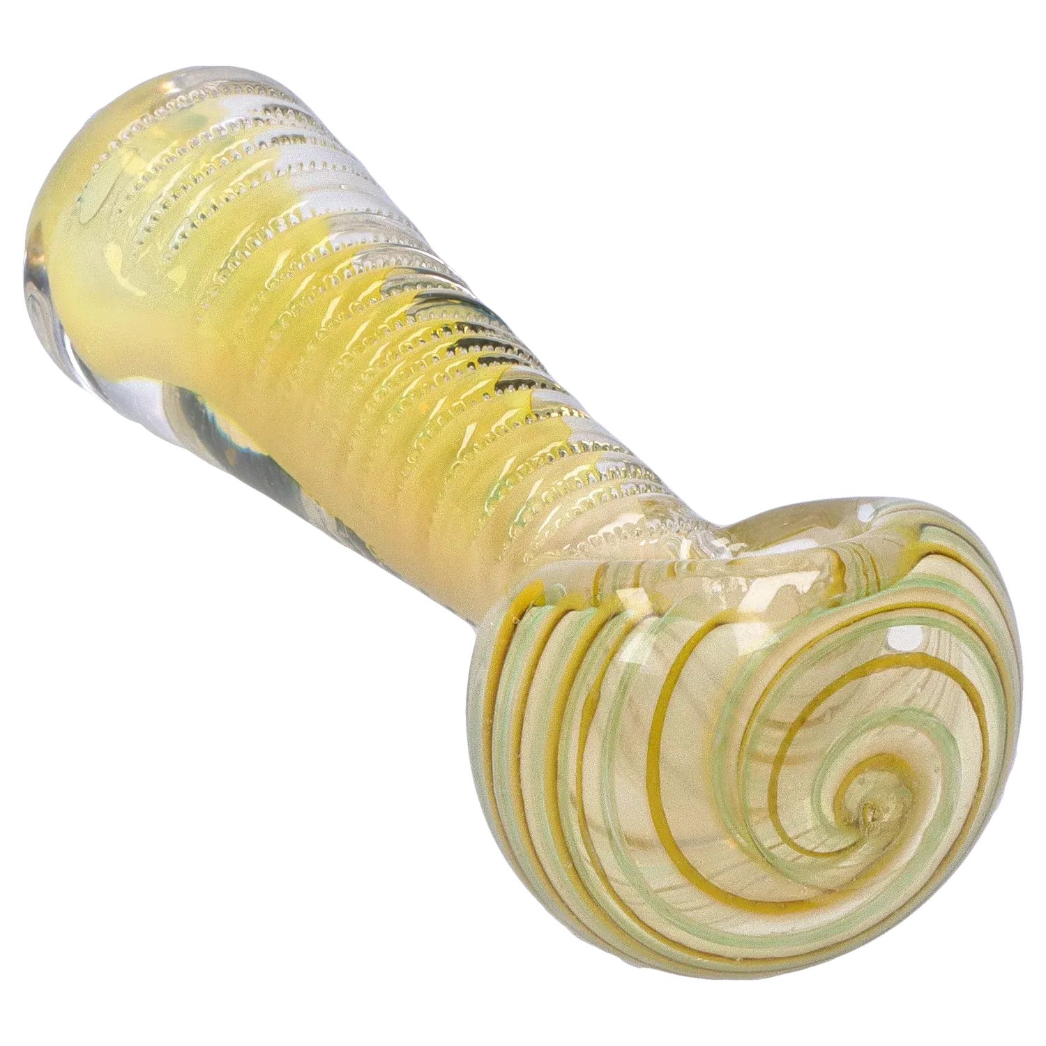 Angled close-up of the DHC Engraved Fumed Spoon Pipe - 3 in., showing a pale yellow fumed body with spiral end and textured engraved ribs.