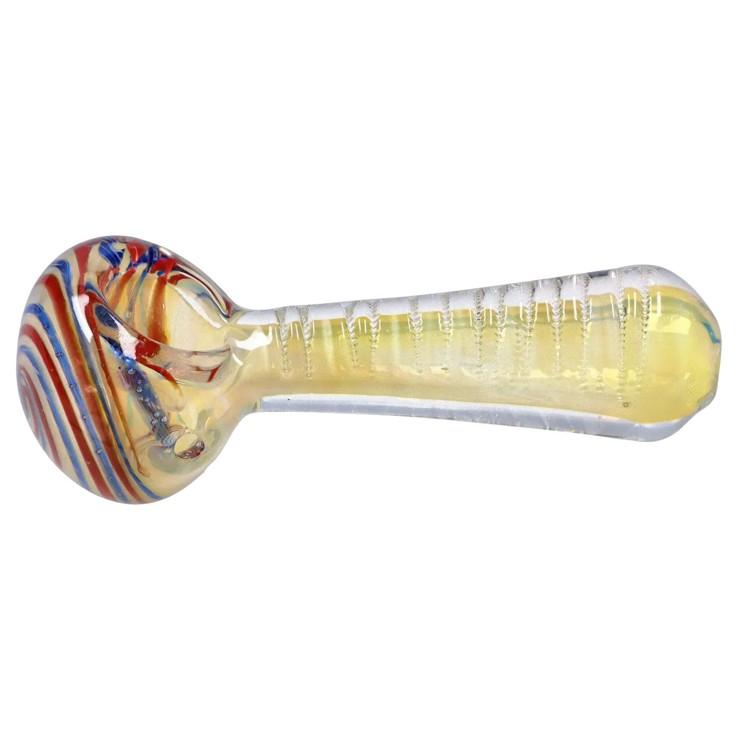 Side view of the DHC Engraved Fumed Spoon Pipe - 3 in., a translucent glass spoon pipe with red and blue swirls on the bowl.