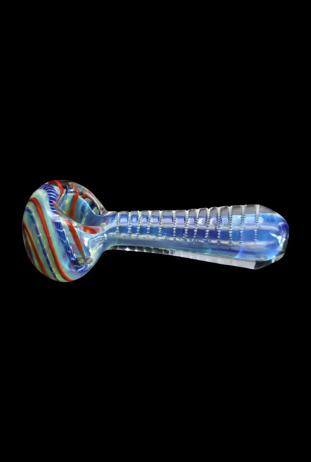 Side view of the DHC Engraved Fumed Spoon Pipe - 3 in., showing a clear fumed glass body with engraved ridges and a multicolored striped bowl against a black background