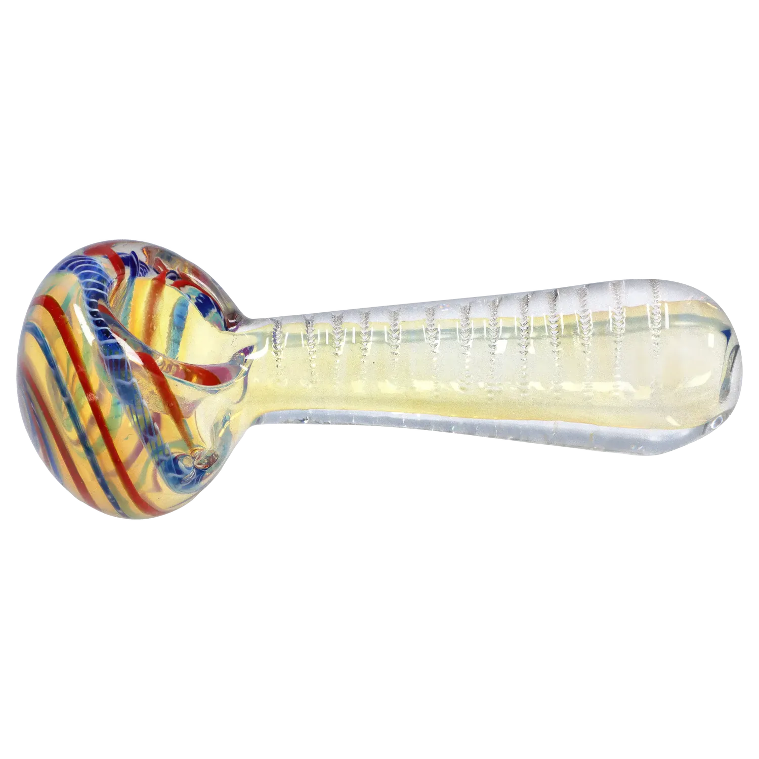 Side view of the DHC Engraved Fumed Spoon Pipe - 3 in., showing a rounded, multicolored bowl with red and blue swirls and a clear, textured fumed handle.
