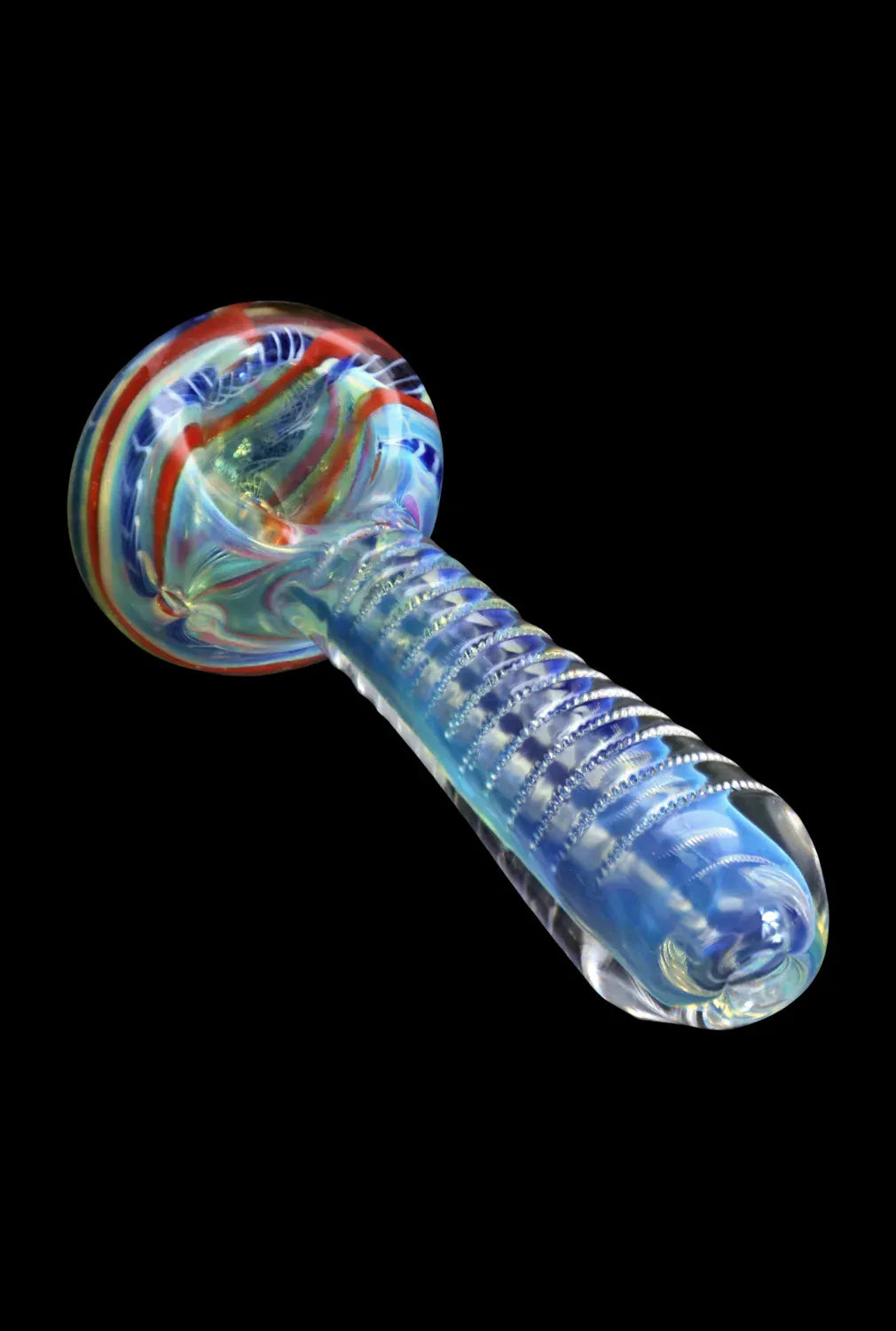 Angled close-up of the DHC Engraved Fumed Spoon Pipe - 3 in., showing its ribbed translucent blue stem and swirled red, white, and blue bowl against a black background