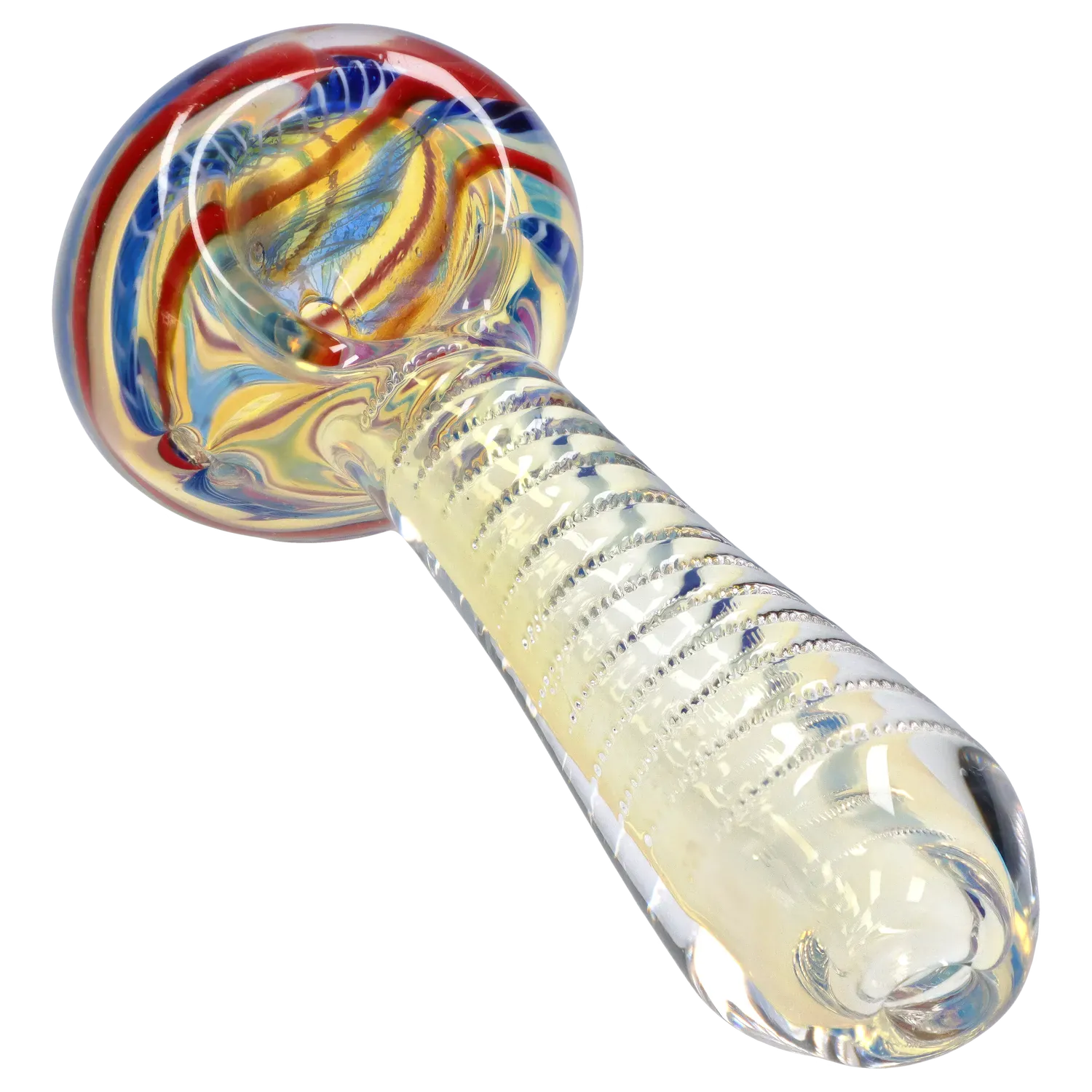 Close-up perspective of the colorful bowl and ribbed stem of the DHC Engraved Fumed Spoon Pipe - 3 in., showing swirls of red, blue, and gold on clear glass.