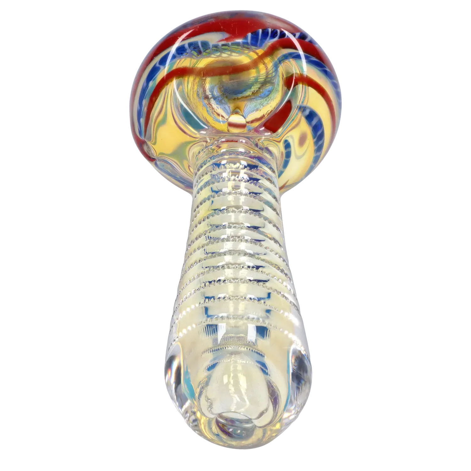 Low-angle view of the DHC Engraved Fumed Spoon Pipe - 3 in., showing its ribbed clear stem leading up to a rounded bowl with red and blue swirl decorations.