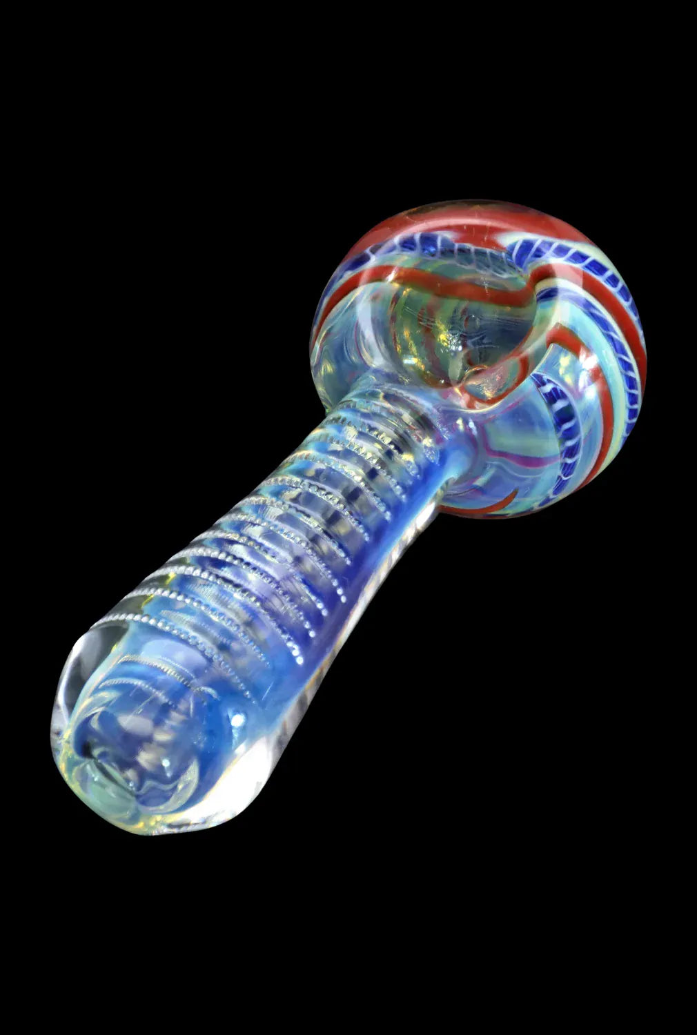 Angled close-up of the DHC Engraved Fumed Spoon Pipe - 3 in., showing its iridescent blue stem with spiral engraving and a red, white, and blue patterned bowl against a black background