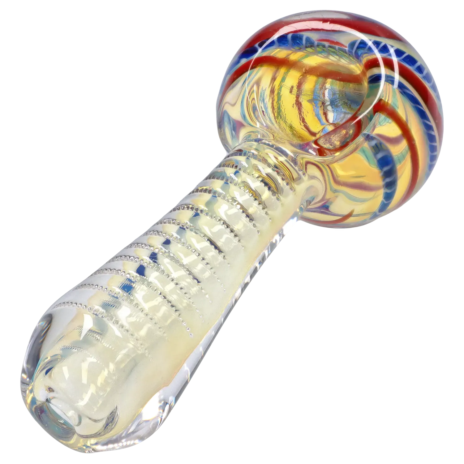 Angled close-up of the DHC Engraved Fumed Spoon Pipe - 3 in., showing its ribbed translucent stem and colorful swirled bowl with red and blue accents