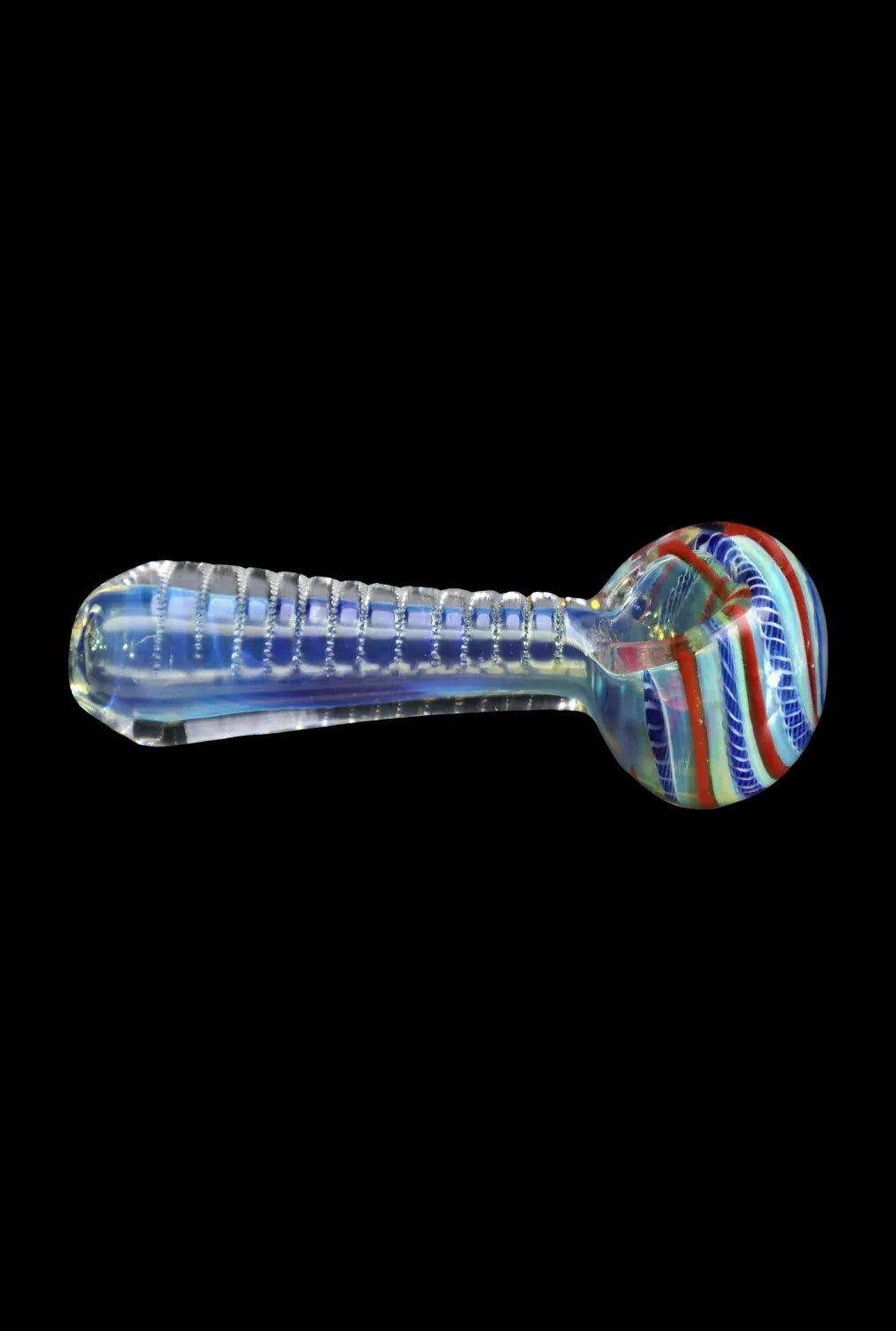 Side profile of the DHC Engraved Fumed Spoon Pipe - 3 in., showing a clear ribbed stem and a rounded bowl with red, blue, and white swirl accents on a black background
