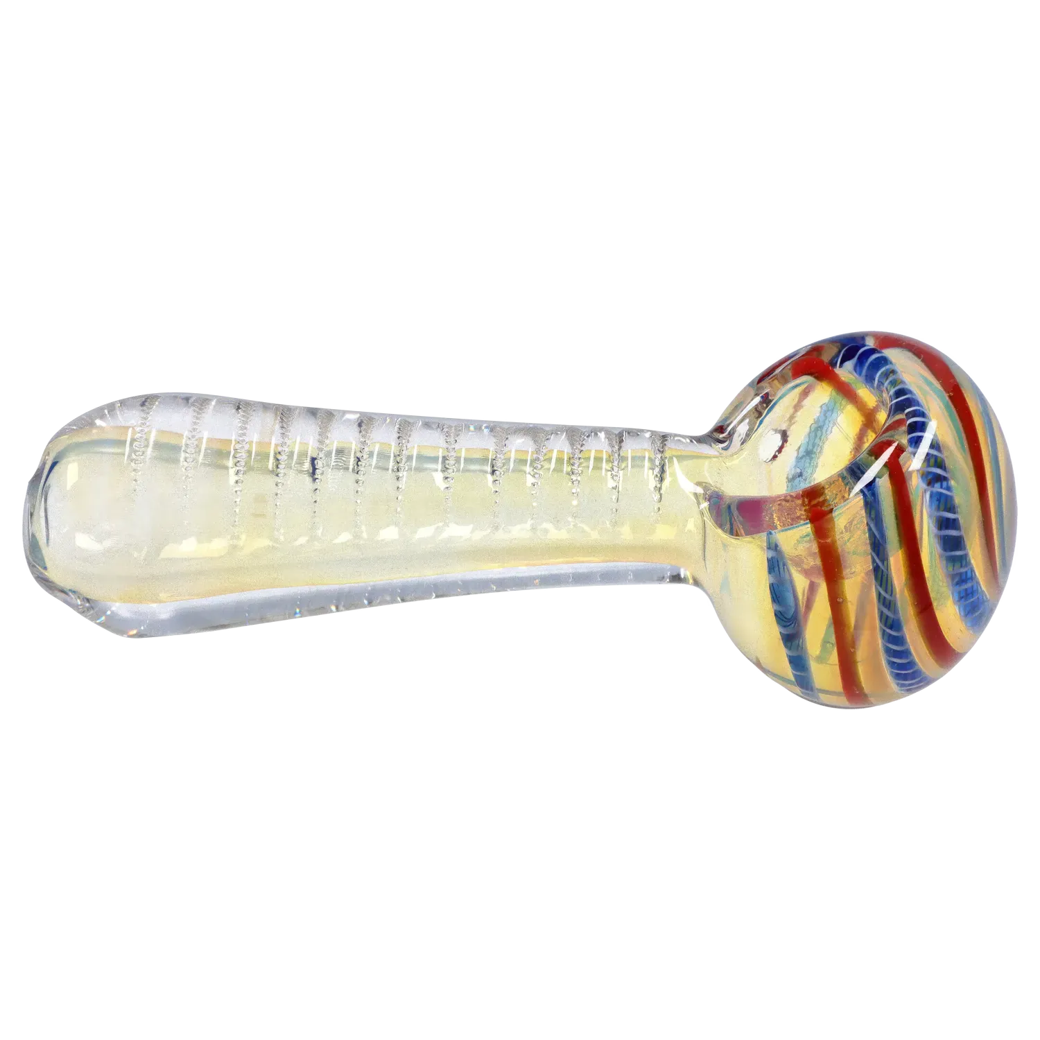 Side view of the DHC Engraved Fumed Spoon Pipe - 3 in., showing a clear iridescent shaft with engraved ridges and a rounded bowl with red and blue spiral ribbons.