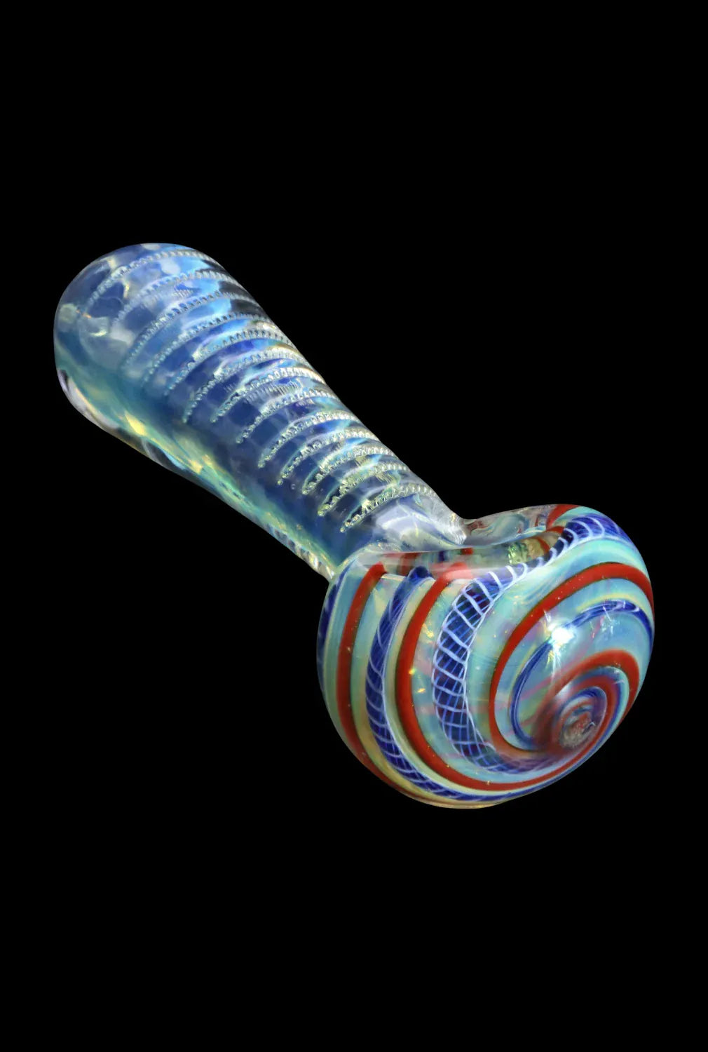 Angled close-up of the DHC Engraved Fumed Spoon Pipe - 3 in., showing its spiral red and blue bowl pattern and textured iridescent blue stem against a black background