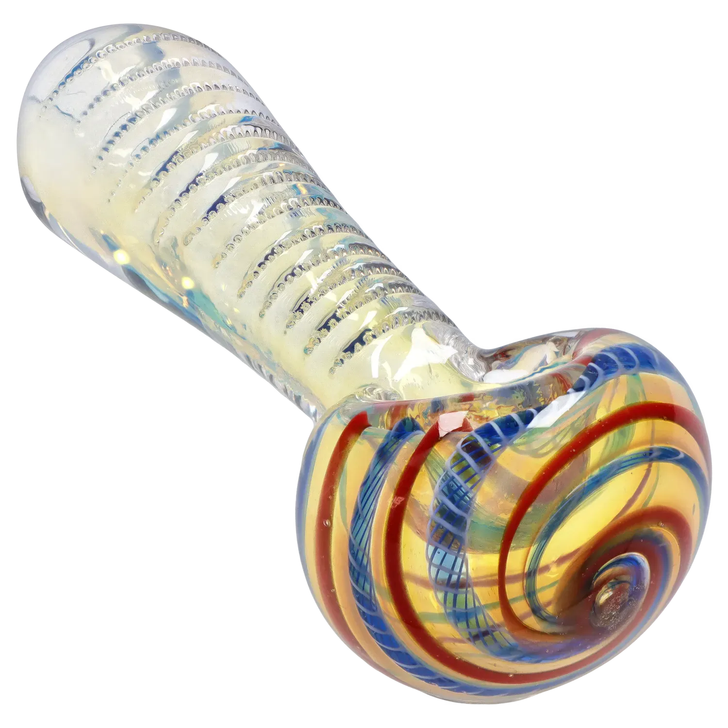 Angled close-up of the DHC Engraved Fumed Spoon Pipe - 3 in., showing its iridescent fumed tube with textured rings and a swirl‑striped bowl.