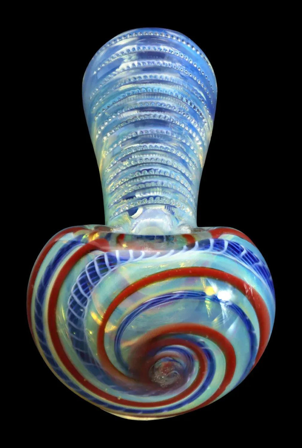 Close-up, top-down view of the DHC Engraved Fumed Spoon Pipe - 3 in. showing a swirled red and blue bowl and iridescent, ribbed neck against a black background