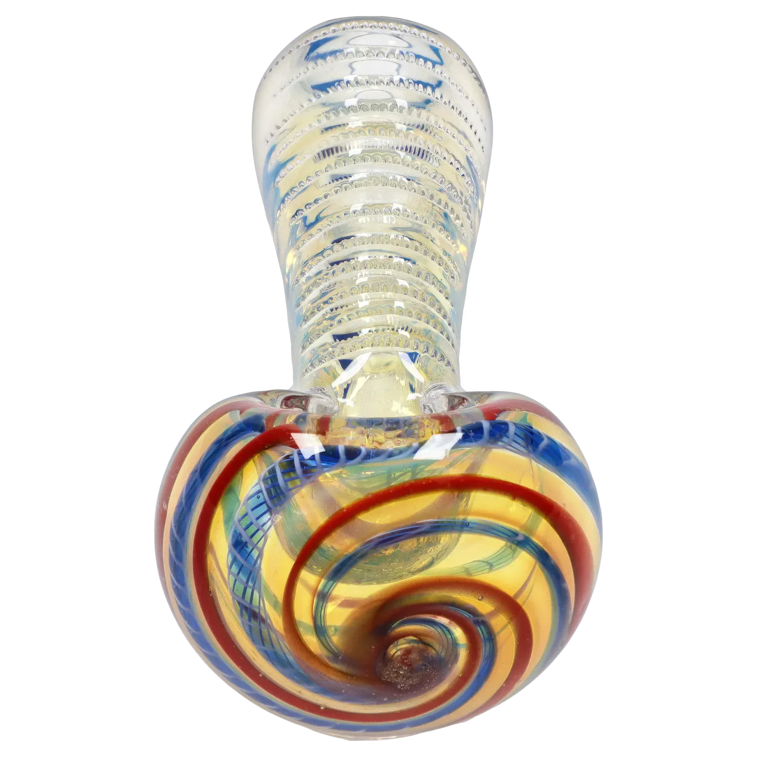 Top-down close-up of the DHC Engraved Fumed Spoon Pipe - 3 in. showing a spiraled multi-color bowl and textured clear fumed neck.