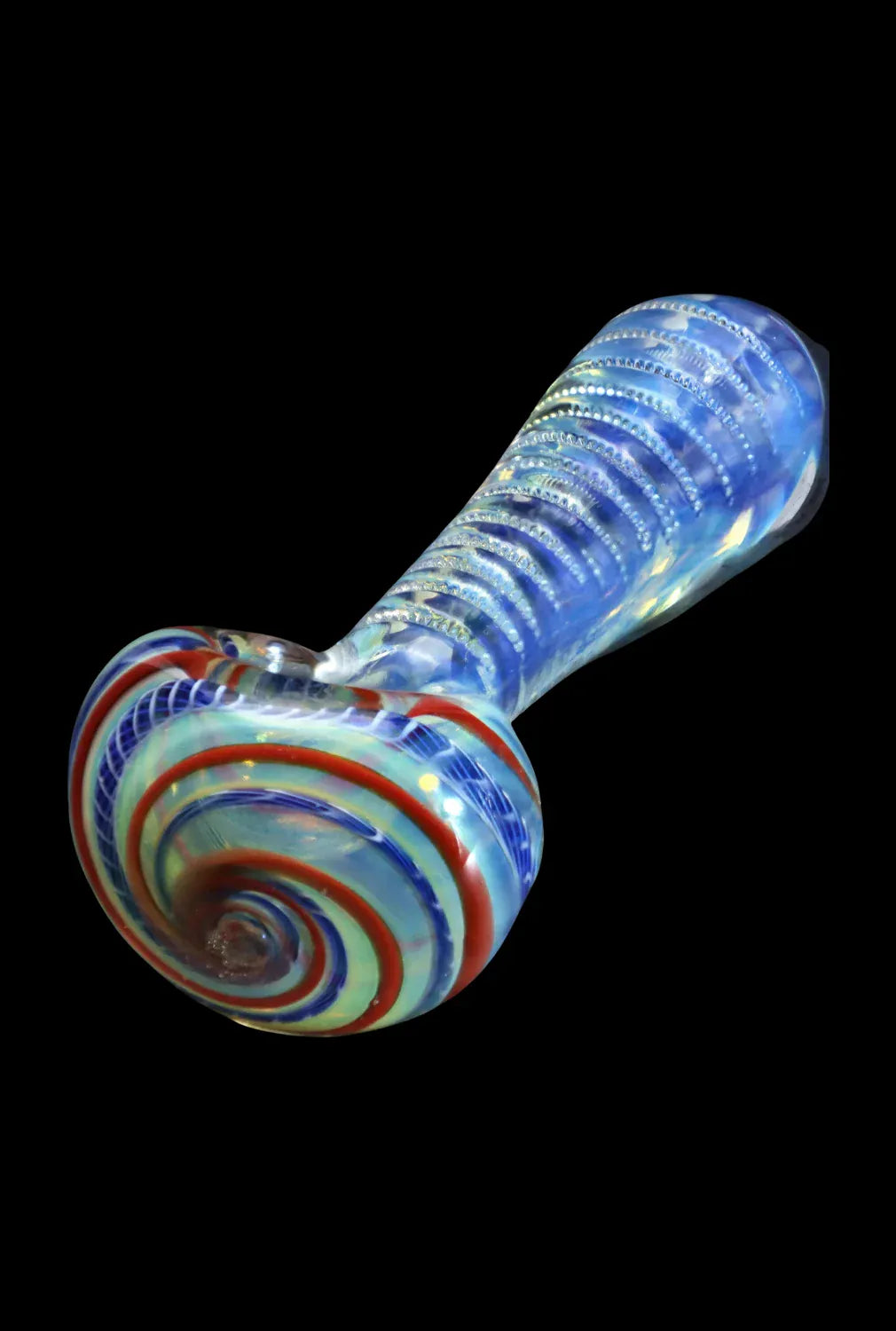 Angled close-up of the DHC Engraved Fumed Spoon Pipe - 3 in., showing its spiraled red and blue bowl and textured iridescent blue stem against a black background