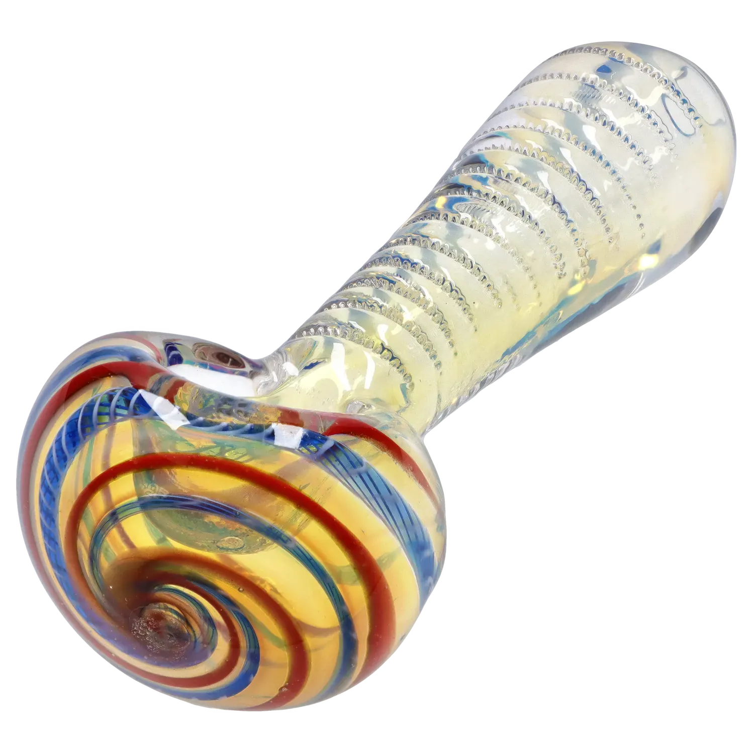 Angled close-up of the DHC Engraved Fumed Spoon Pipe - 3 in., showing its rounded bowl with red and blue spiral accents and a textured, iridescent stem.