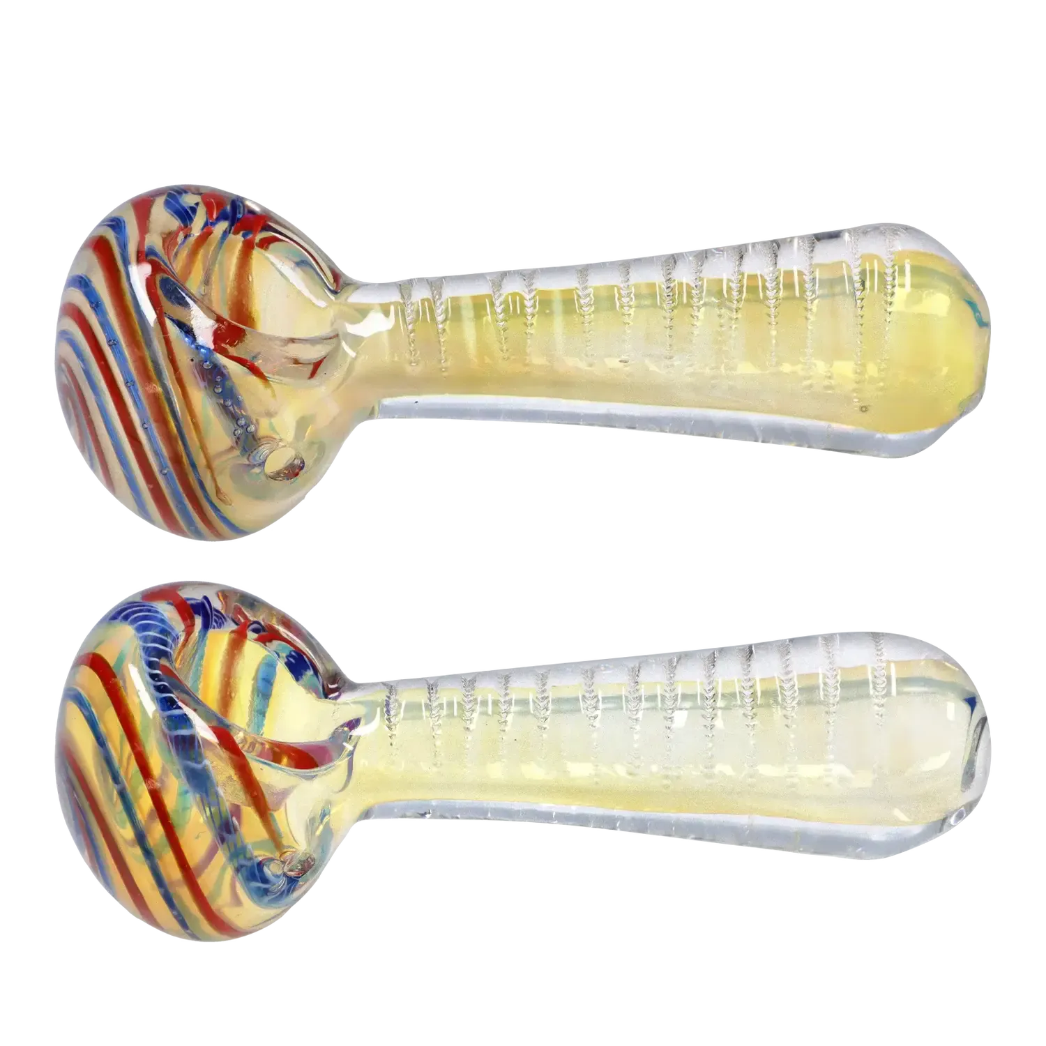 Side view of the DHC Engraved Fumed Spoon Pipe - 3 in., showing a yellowish translucent glass body with red and blue swirls on the rounded bowl and textured ribs along the stem.