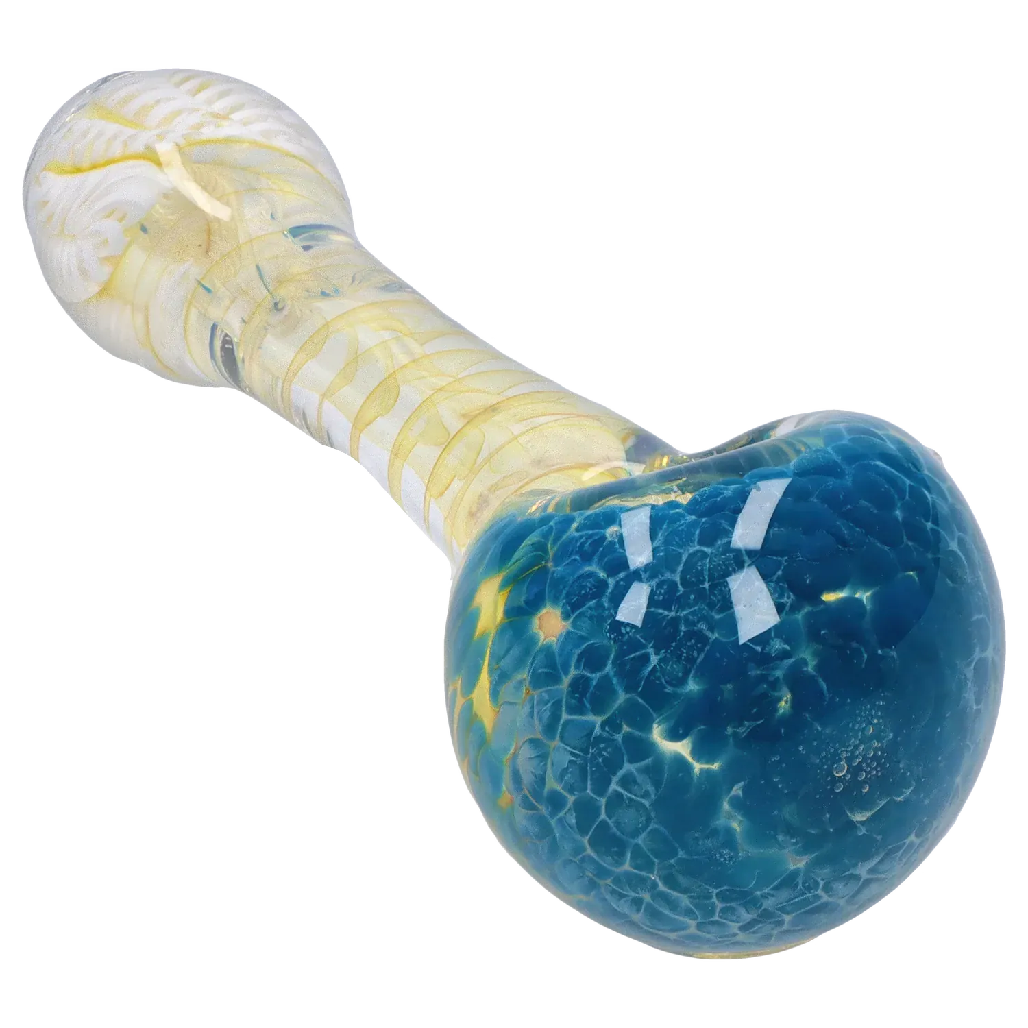 Angled close-up of the bowl and neck of the DHC Twisting Frit Spoon Pipe - 3 in., showing blue speckled glass at the bowl and pale yellow twisting ribbons along the stem