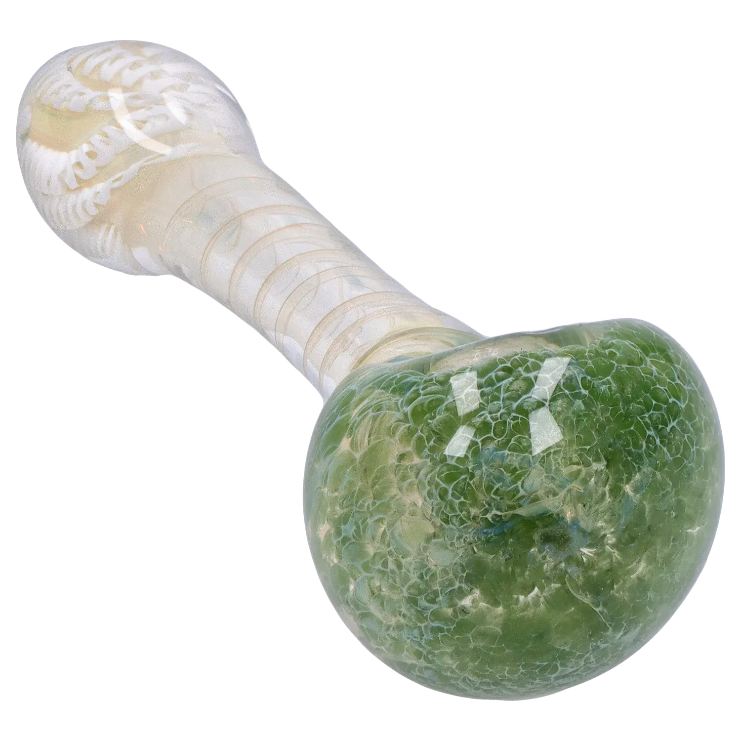 Angled close-up of the green, crackled bowl and white-swirled neck of the DHC Twisting Frit Spoon Pipe - 3 in.