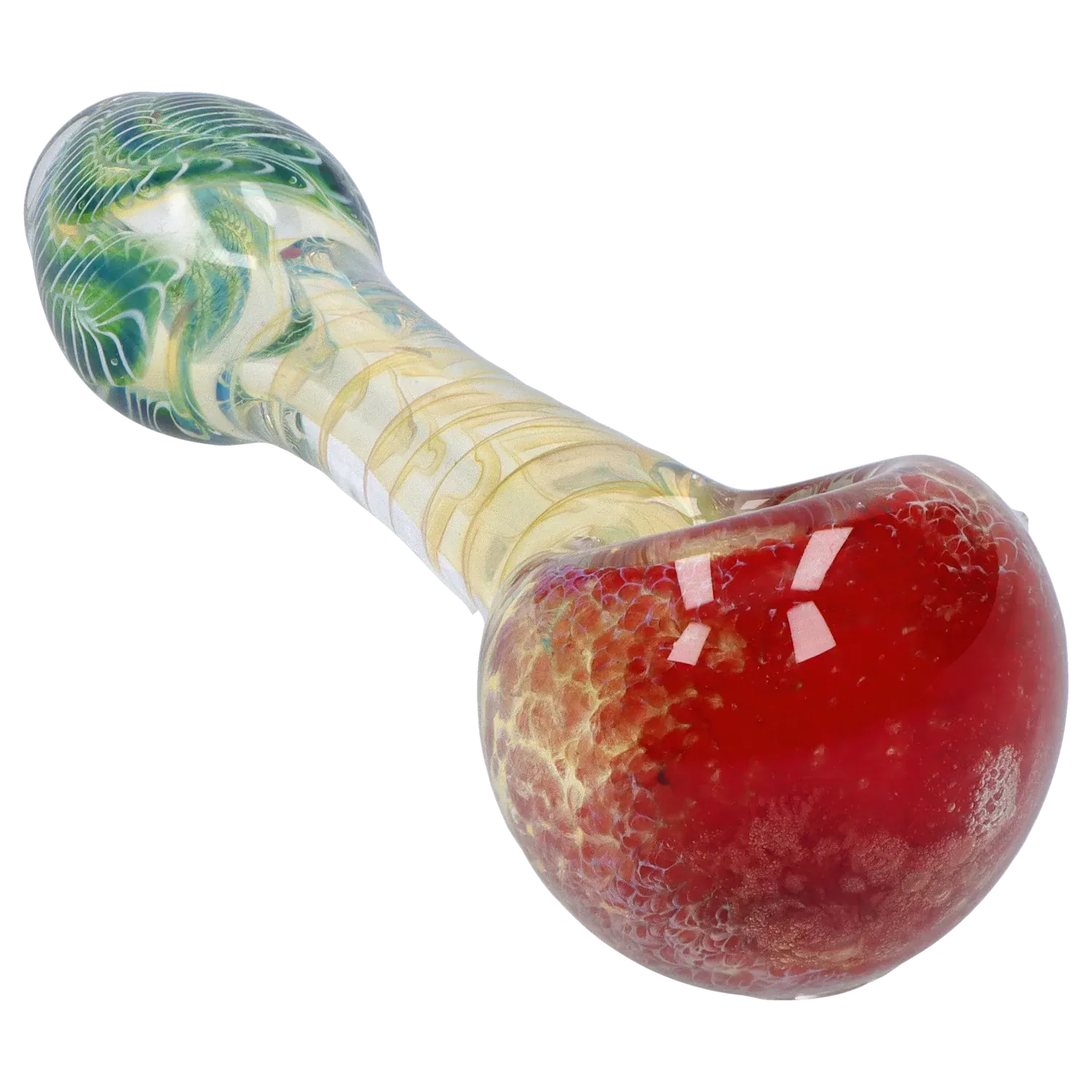 Angled close-up of the DHC Twisting Frit Spoon Pipe - 3 in., showing a red rounded bowl transitioning to a swirled green and yellow patterned stem.