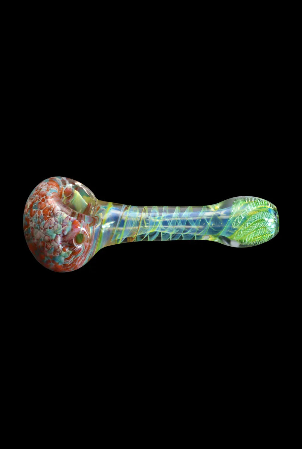 Horizontal side view of the DHC Twisting Frit Spoon Pipe - 3 in., showing a red-speckled bowl and iridescent twisted green-blue stem on black background