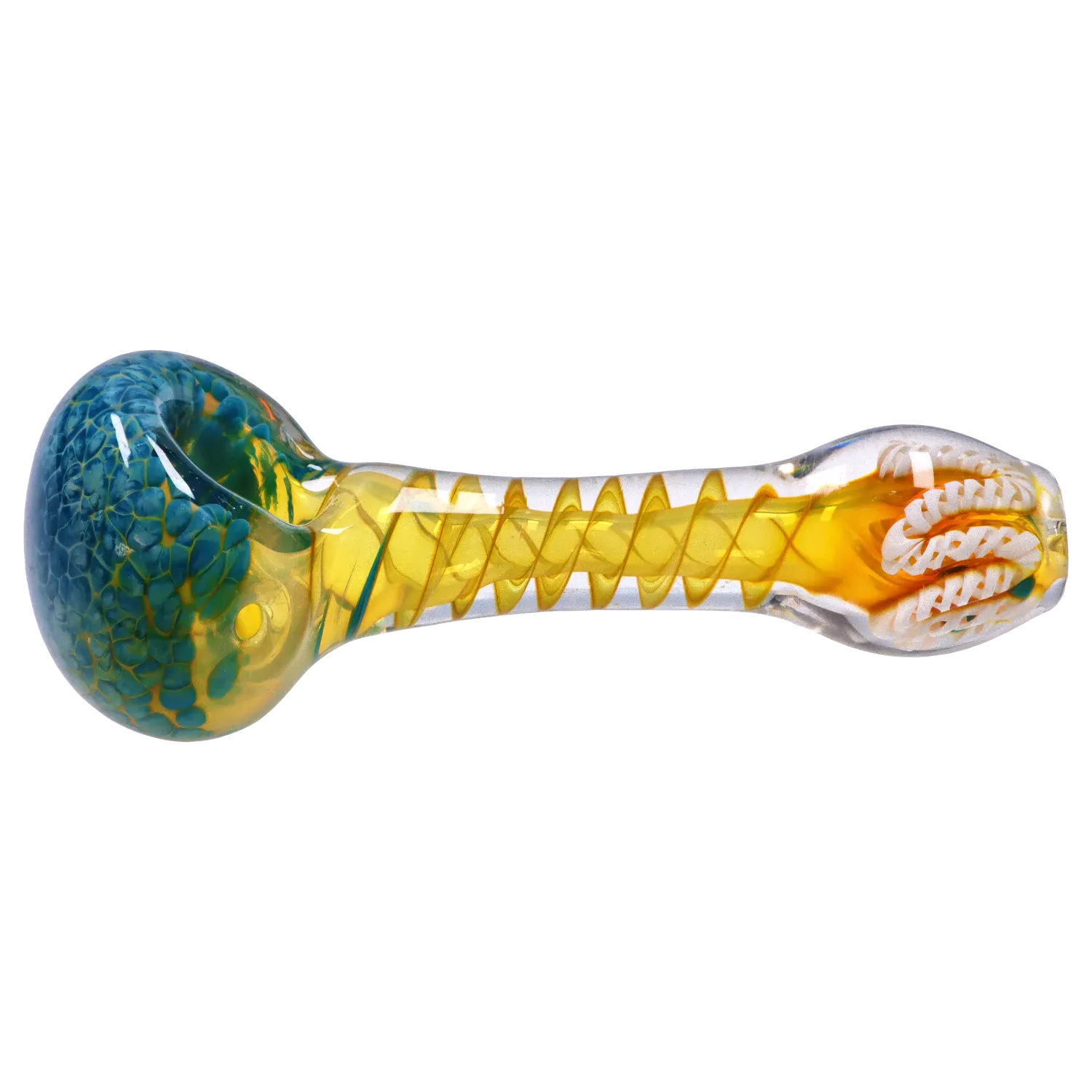 Side view of the DHC Twisting Frit Spoon Pipe - 3 in., showing a clear glass body with a yellow spiral core, teal frit-studded bowl, and bright reflections.