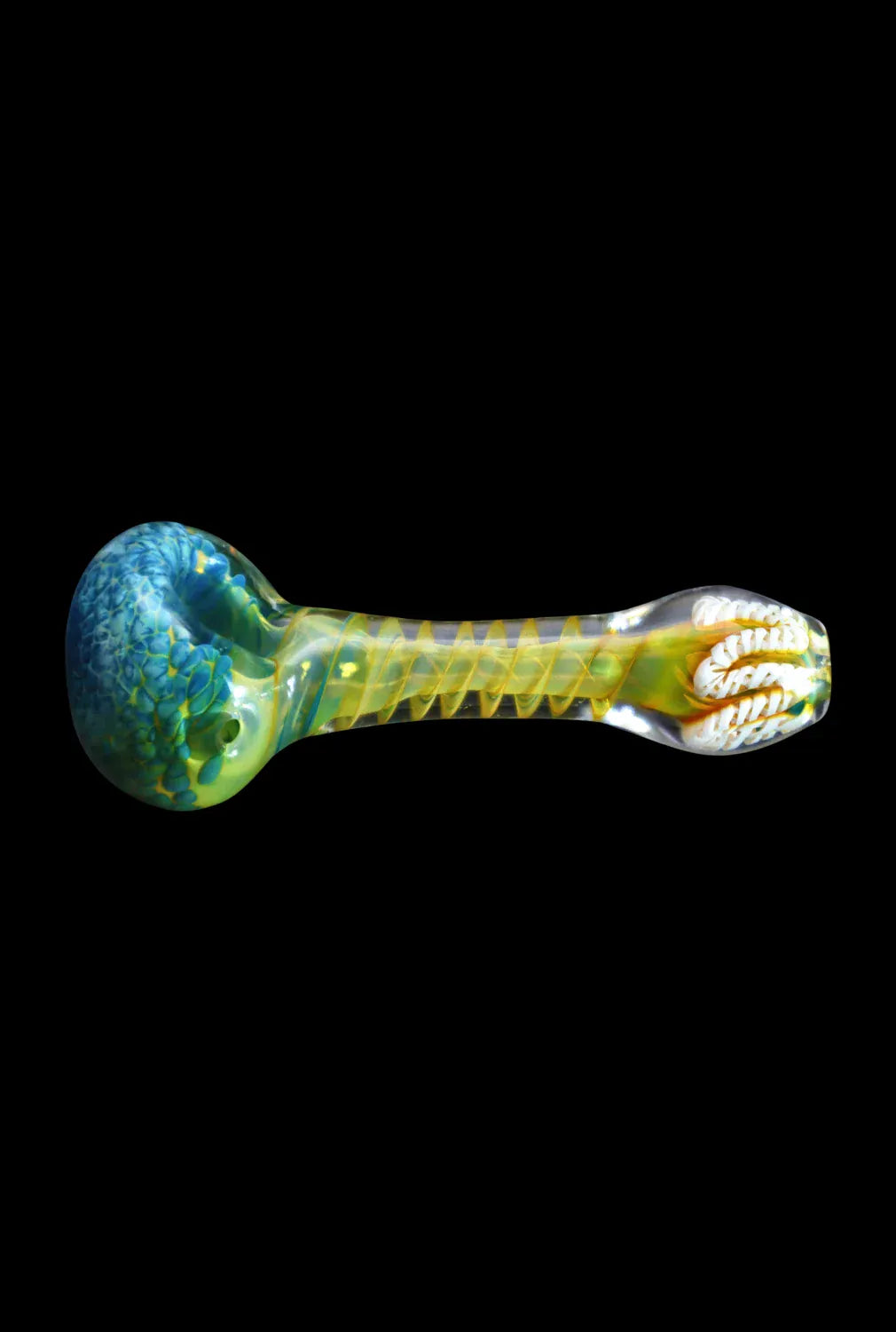 Side view of the DHC Twisting Frit Spoon Pipe - 3 in. showing a blue-green rounded bowl and a clear twisted yellow-green stem against a black background