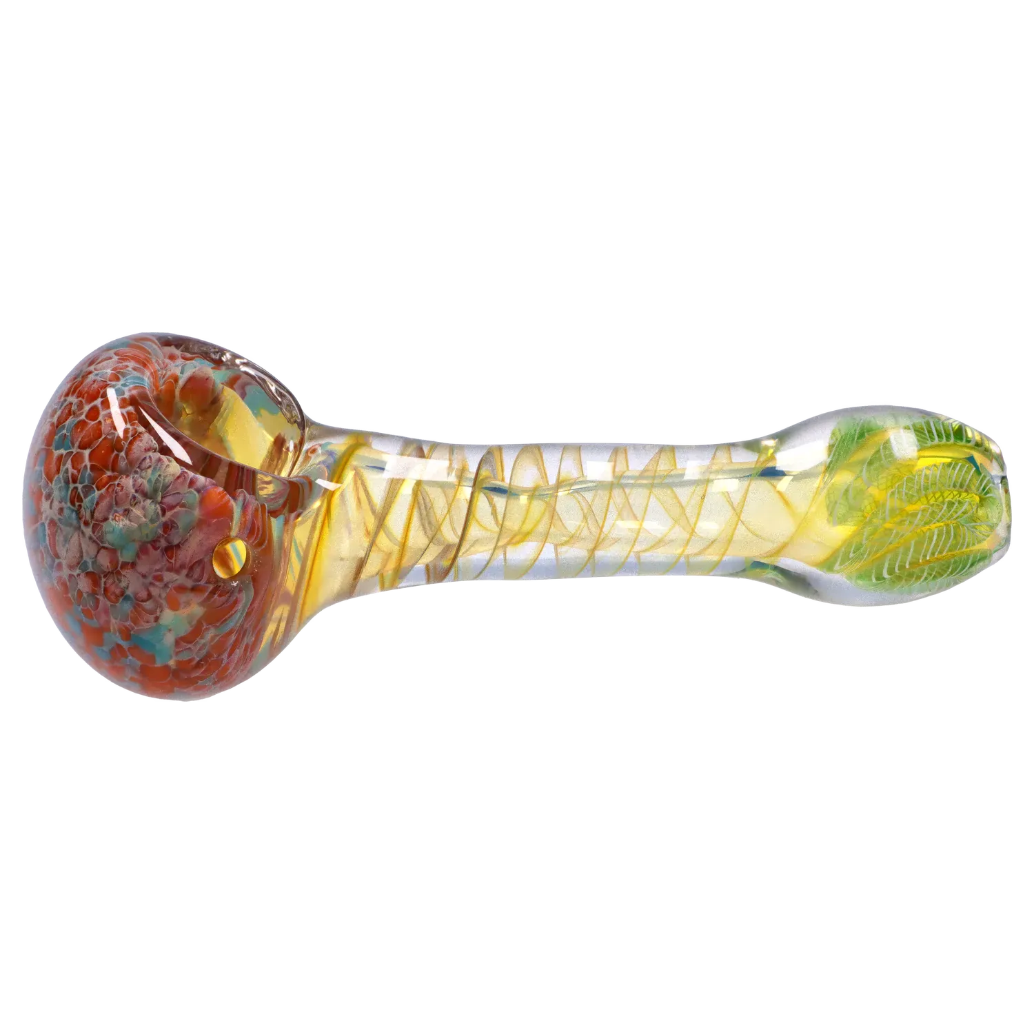 Side view of the DHC Twisting Frit Spoon Pipe - 3 in., showing a clear glass shaft with yellow spiral twist and a mottled red-and-blue rounded bowl.