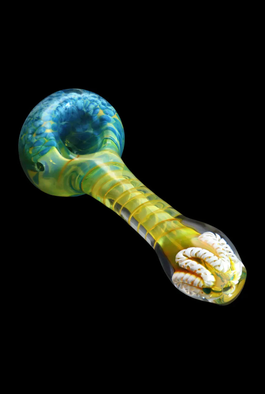 Angled close-up of the DHC Twisting Frit Spoon Pipe - 3 in., showing its green-blue swirled bowl and yellow-flecked twisted stem on black background.