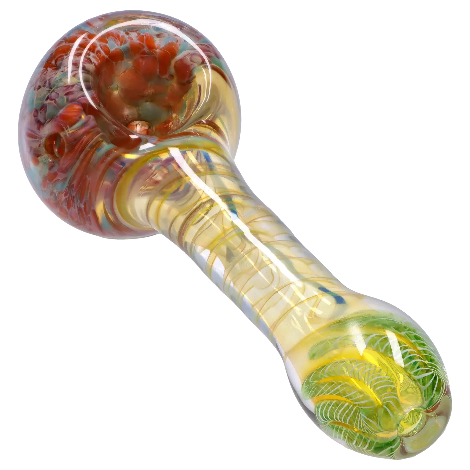 Angled close-up of the colorful glass bowl and twisted stem of the DHC Twisting Frit Spoon Pipe - 3 in.