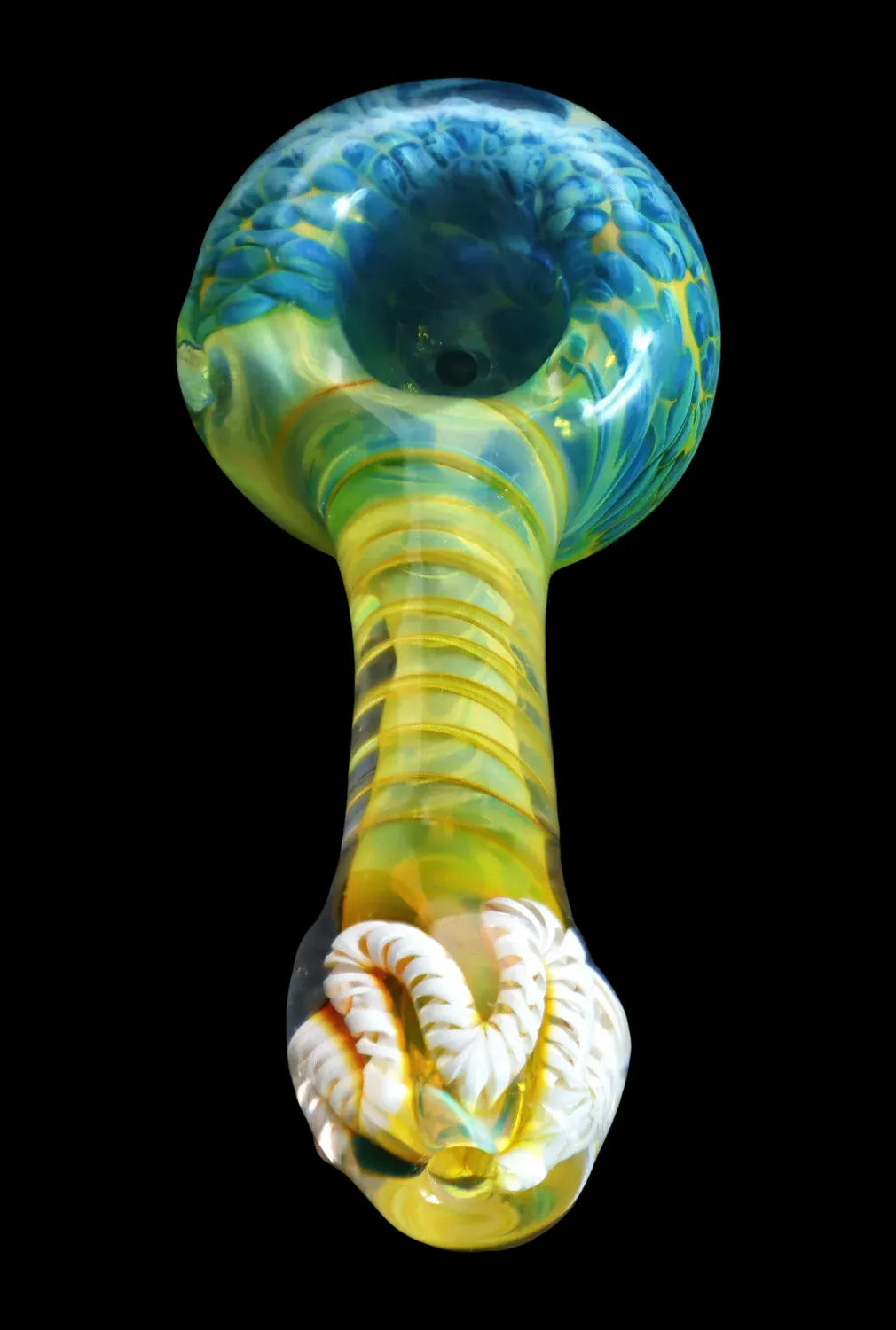 Top-down close-up of the DHC Twisting Frit Spoon Pipe - 3 in., showing a rounded blue-green bowl, yellow-green swirled neck, and white twisted frit detail on a black background.