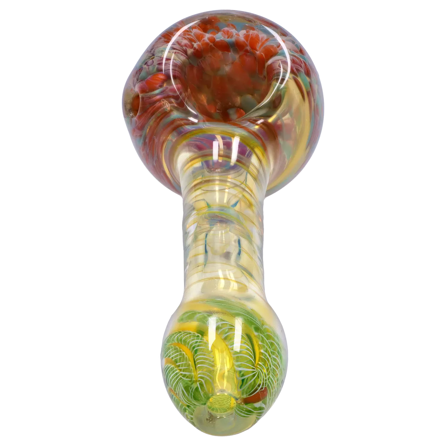Top-down close view of a colorful glass bowl and twisted stem on the DHC Twisting Frit Spoon Pipe - 3 in.