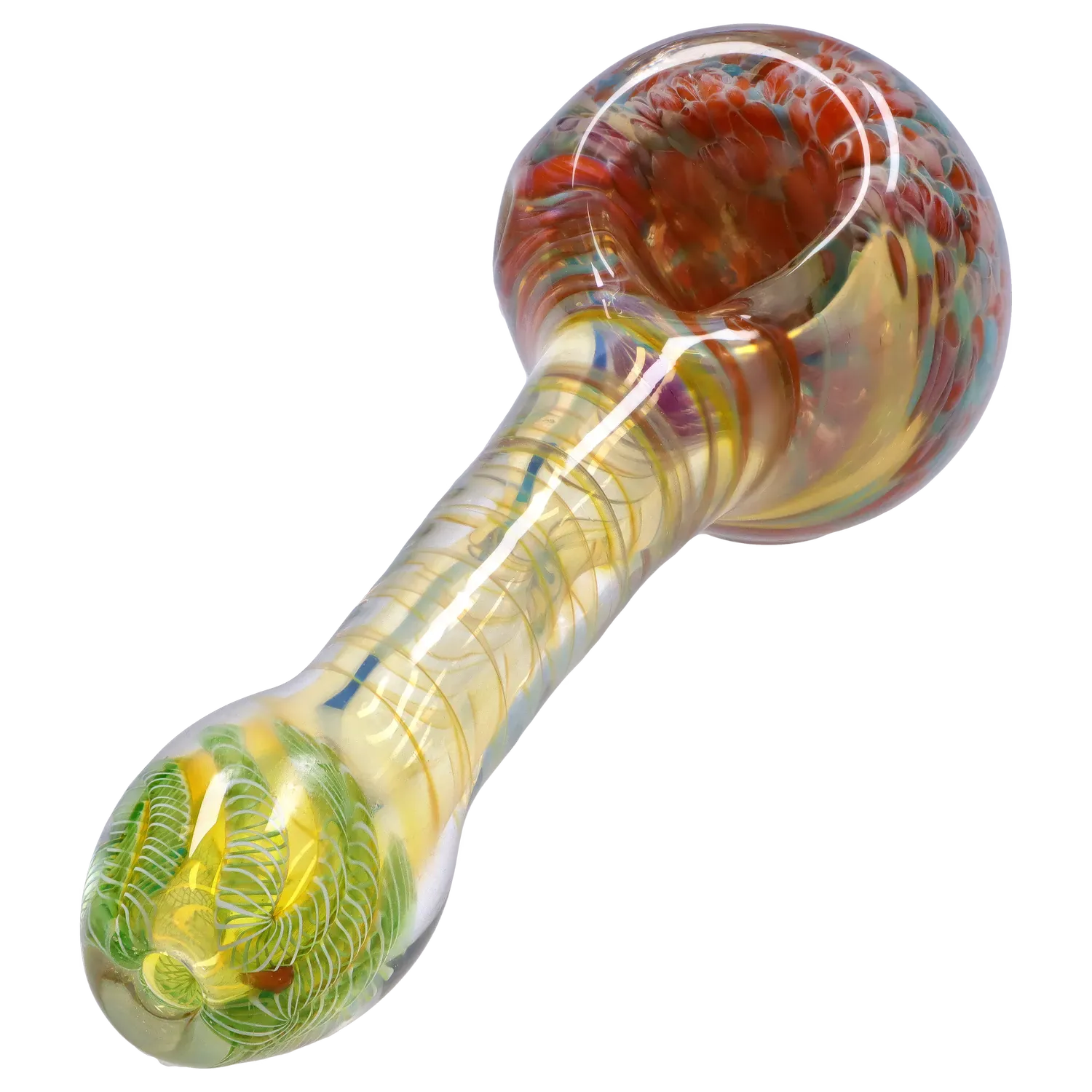 Angled close-up of the colorful DHC Twisting Frit Spoon Pipe - 3 in., showing its swirled green, yellow and red frit patterns and glossy glass surface