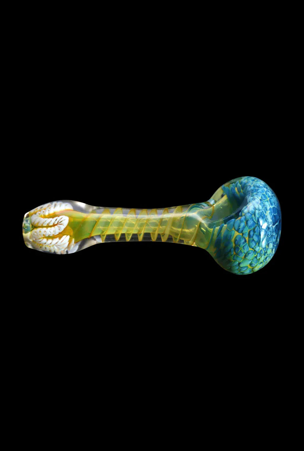 Side view of the DHC Twisting Frit Spoon Pipe - 3 in., a glass hand pipe with a blue-green mottled bowl and translucent twisted yellow stem on a black background
