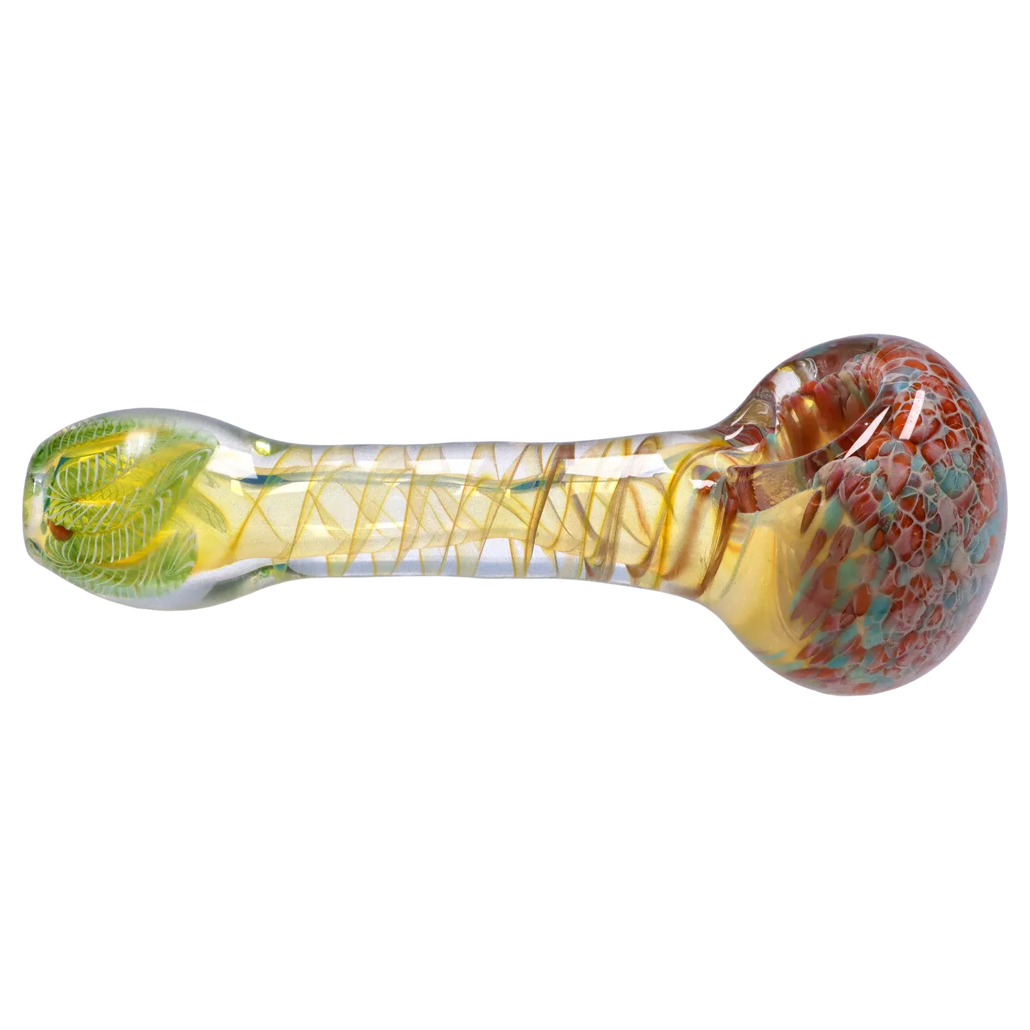 Side view of the DHC Twisting Frit Spoon Pipe - 3 in., showing a clear glass stem with gold ribboning and a multicolored frit bowl.