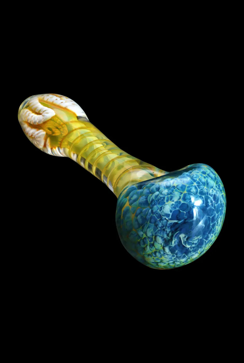 Angled close-up of the DHC Twisting Frit Spoon Pipe - 3 in., showing a blue mottled bowl and a twisted yellow-green stem against a black background